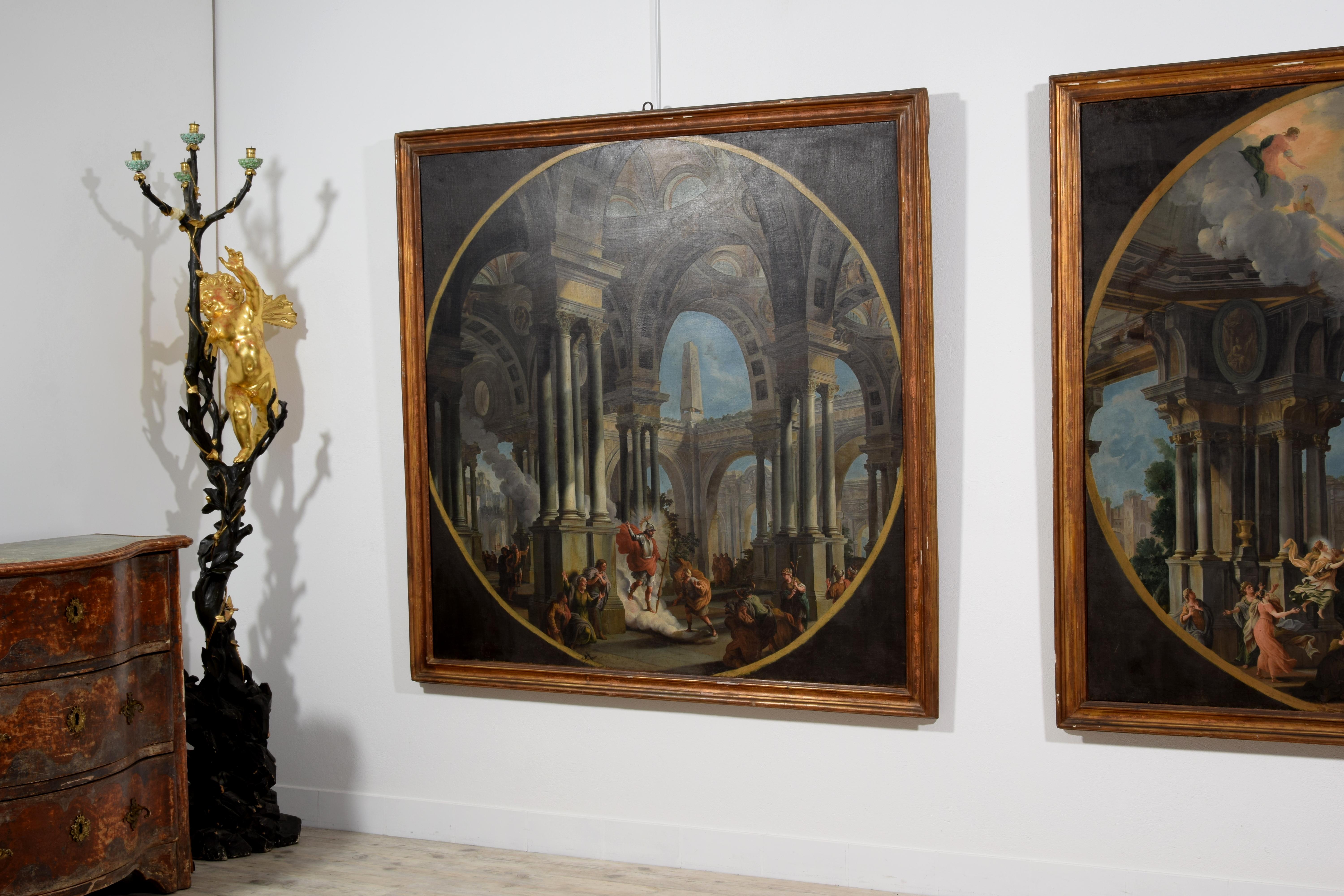 XVIII secolo, Coppia di dipinti italiani Capriccio con scene mitologiche in vendita 4