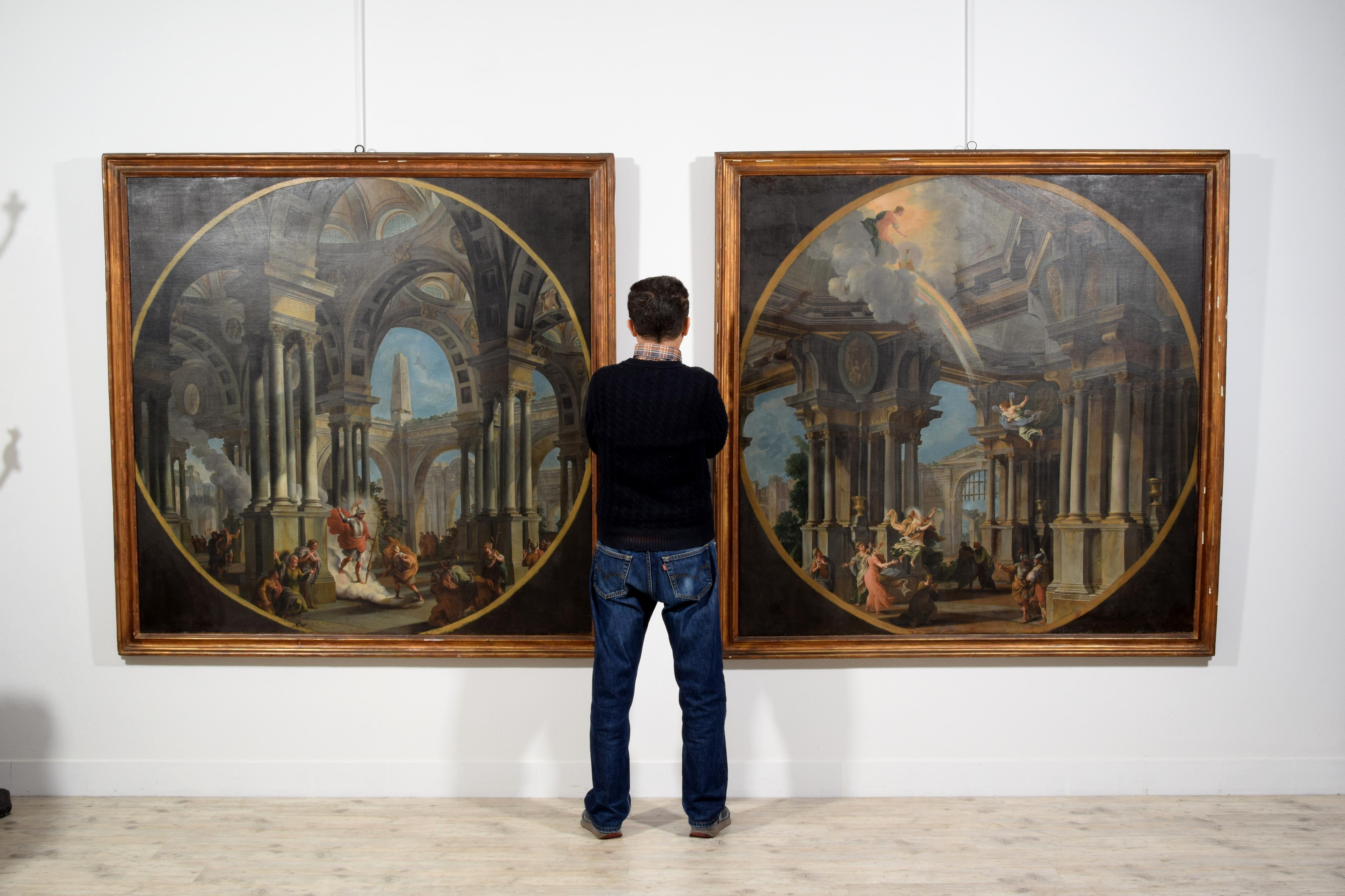 XVIII secolo, Coppia di dipinti italiani Capriccio con scene mitologiche in vendita 5