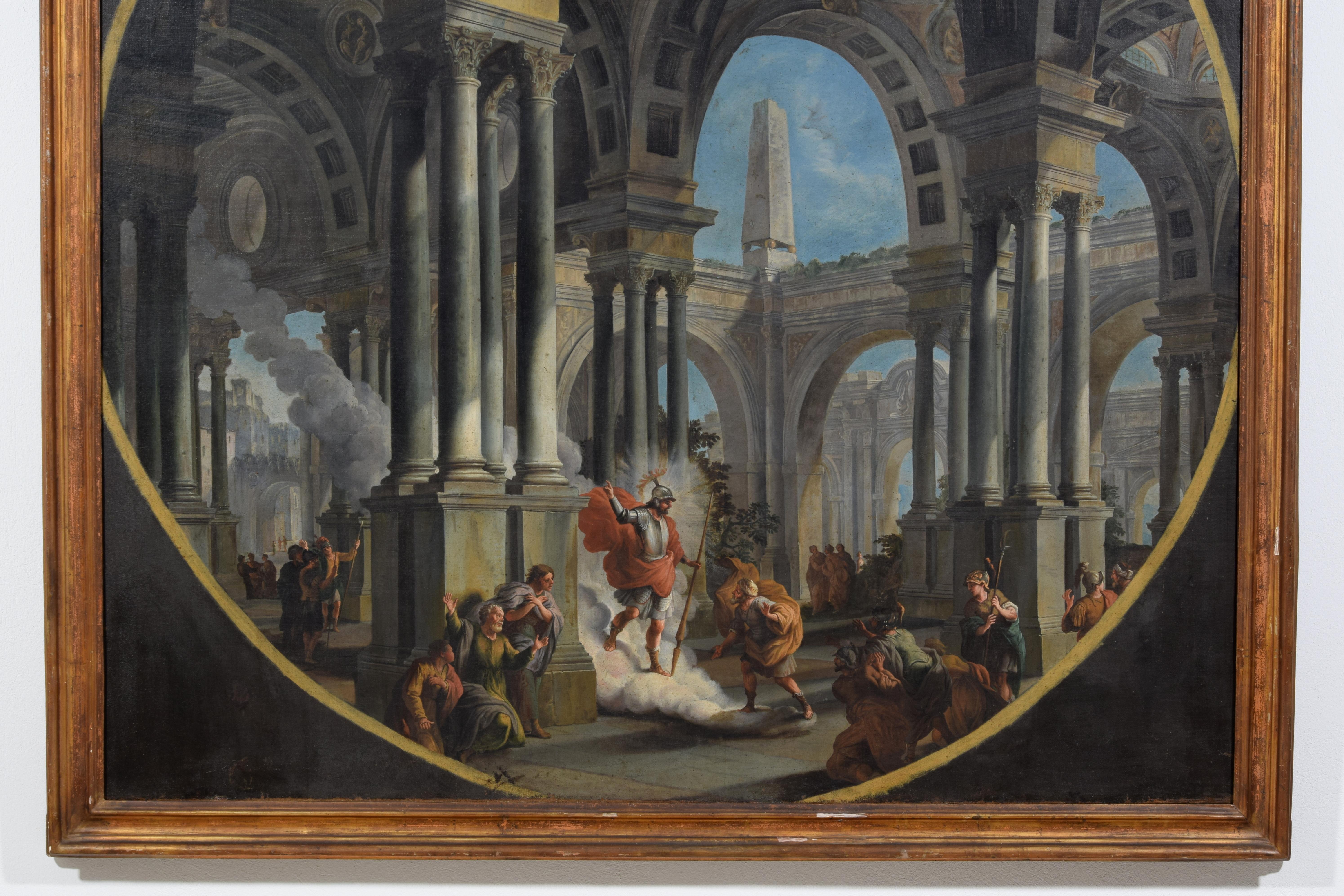 XVIII secolo, Coppia di dipinti italiani Capriccio con scene mitologiche in vendita 7