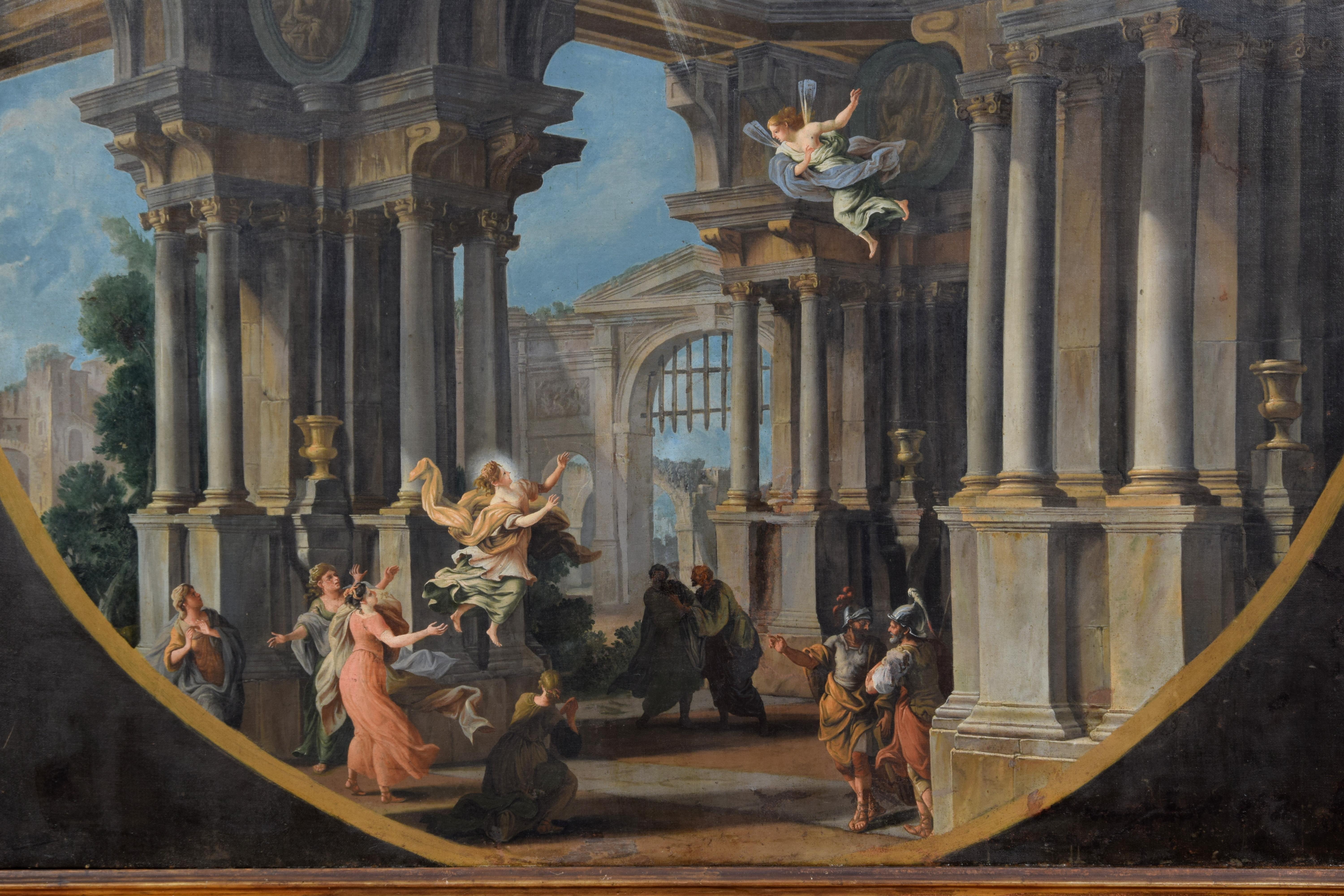 XVIII secolo, Coppia di dipinti italiani Capriccio con scene mitologiche in vendita 8