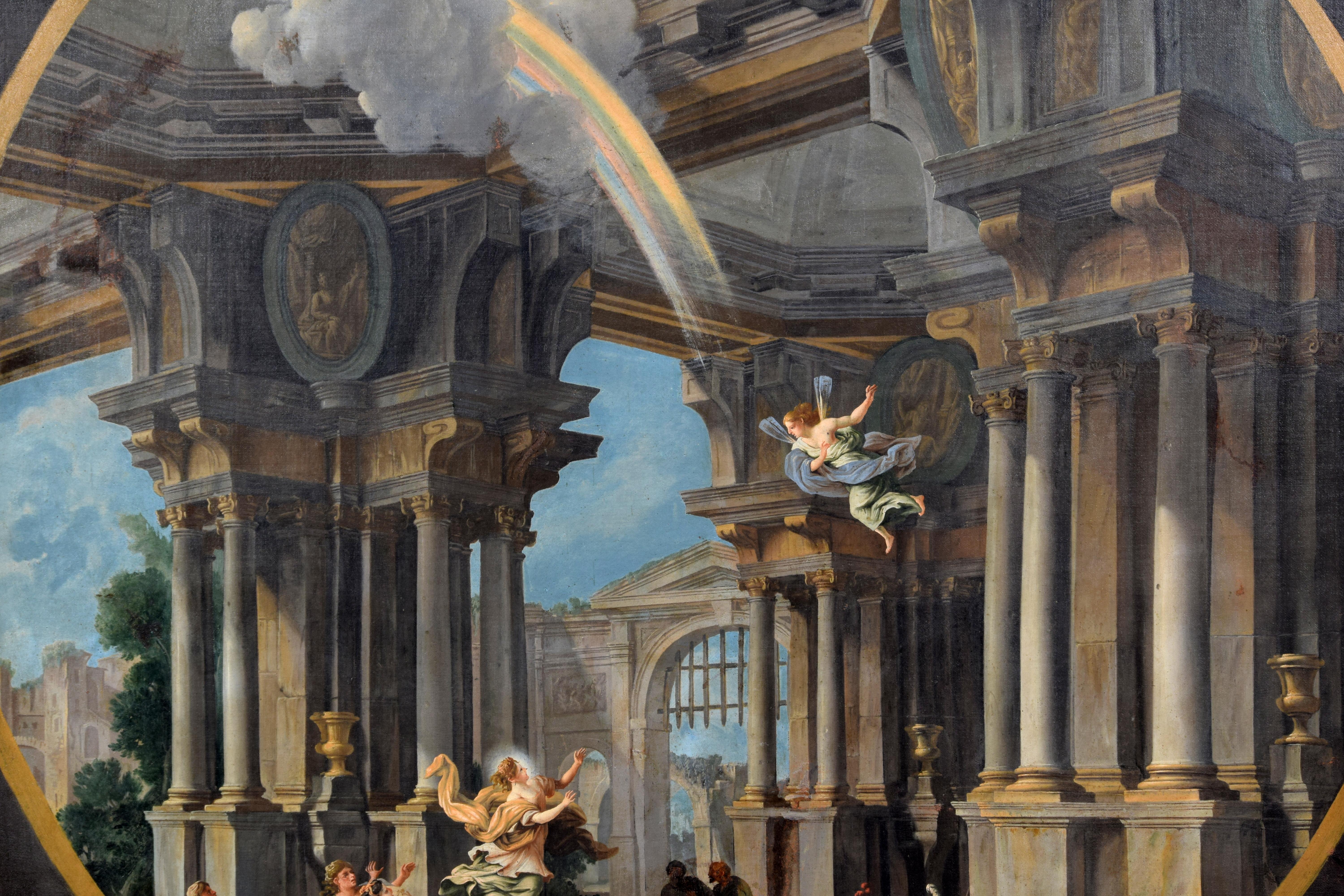 XVIII secolo, Coppia di dipinti italiani Capriccio con scene mitologiche in vendita 9