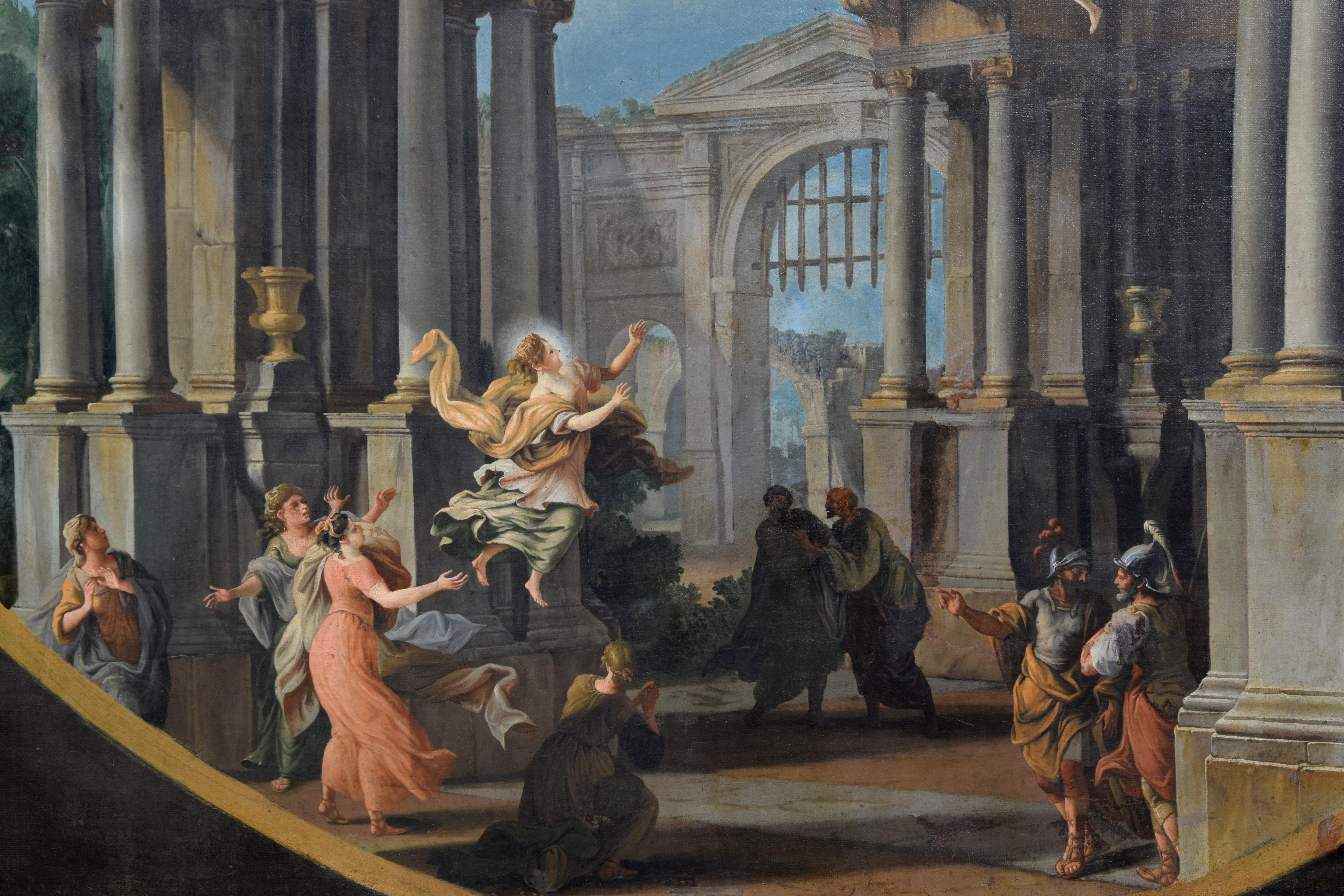 XVIII secolo, Coppia di dipinti italiani Capriccio con scene mitologiche in vendita 11