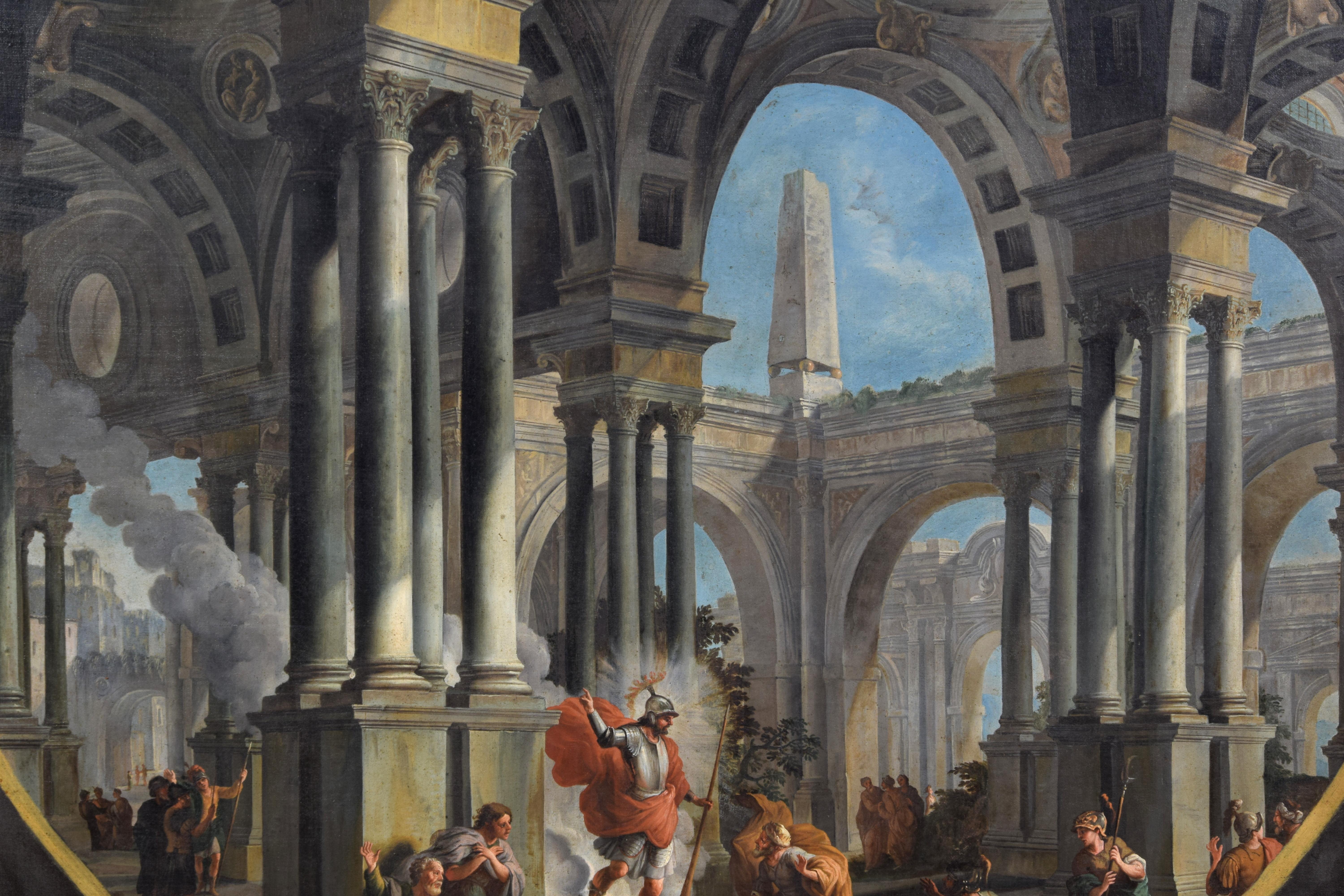 XVIII secolo, Coppia di dipinti italiani Capriccio con scene mitologiche in vendita 13
