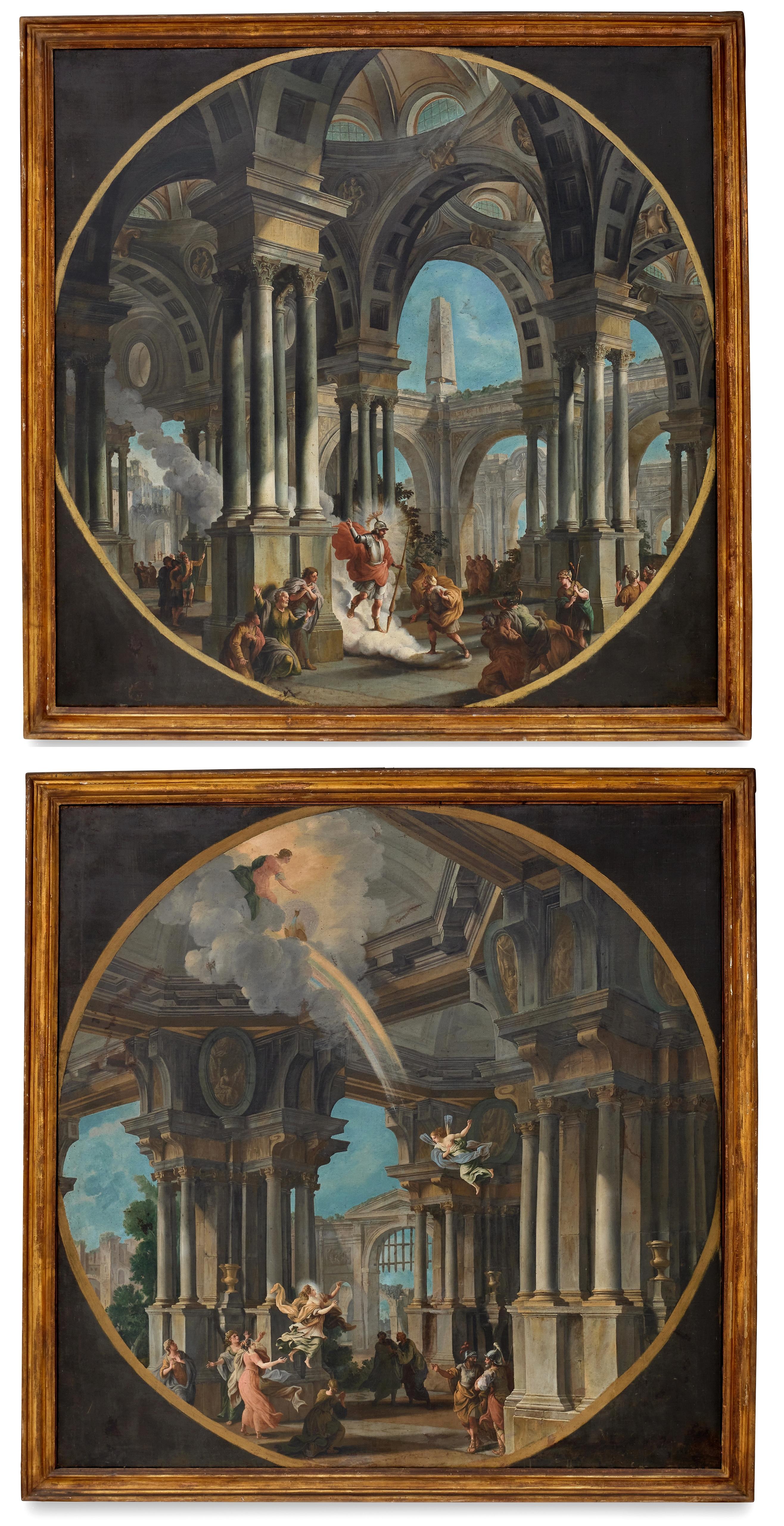 Coppia di capricci architettonici con scene mitologiche, olio su tela, pittore bolognese attivo nel XVIII secolo

Le due grandi e preziose tavole raffigurano due Capricci architettonici, con vedute di colonnati ed edifici con portici di gusto