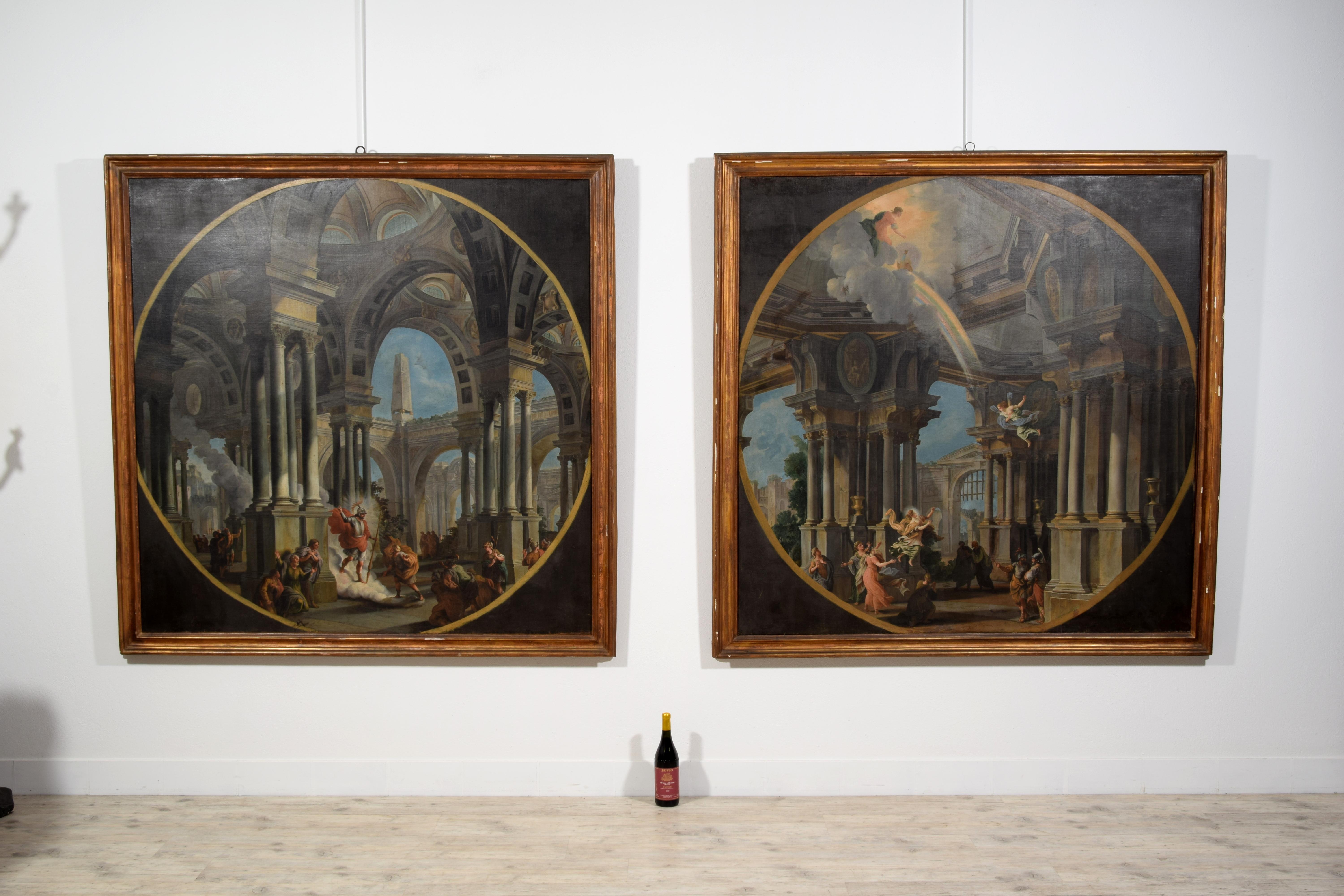 XVIII secolo, Coppia di dipinti italiani Capriccio con scene mitologiche in vendita 14