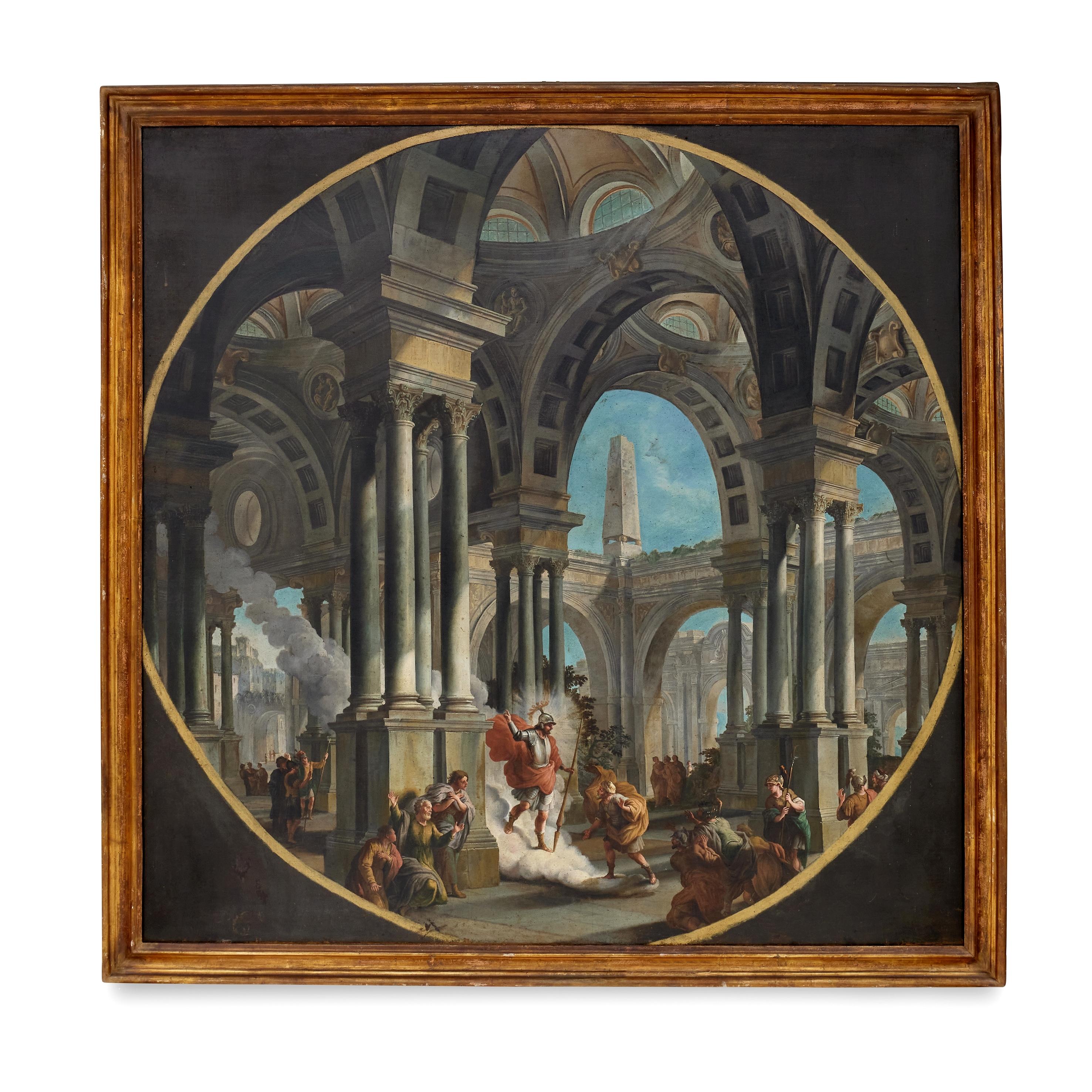 Barocco XVIII secolo, Coppia di dipinti italiani Capriccio con scene mitologiche in vendita