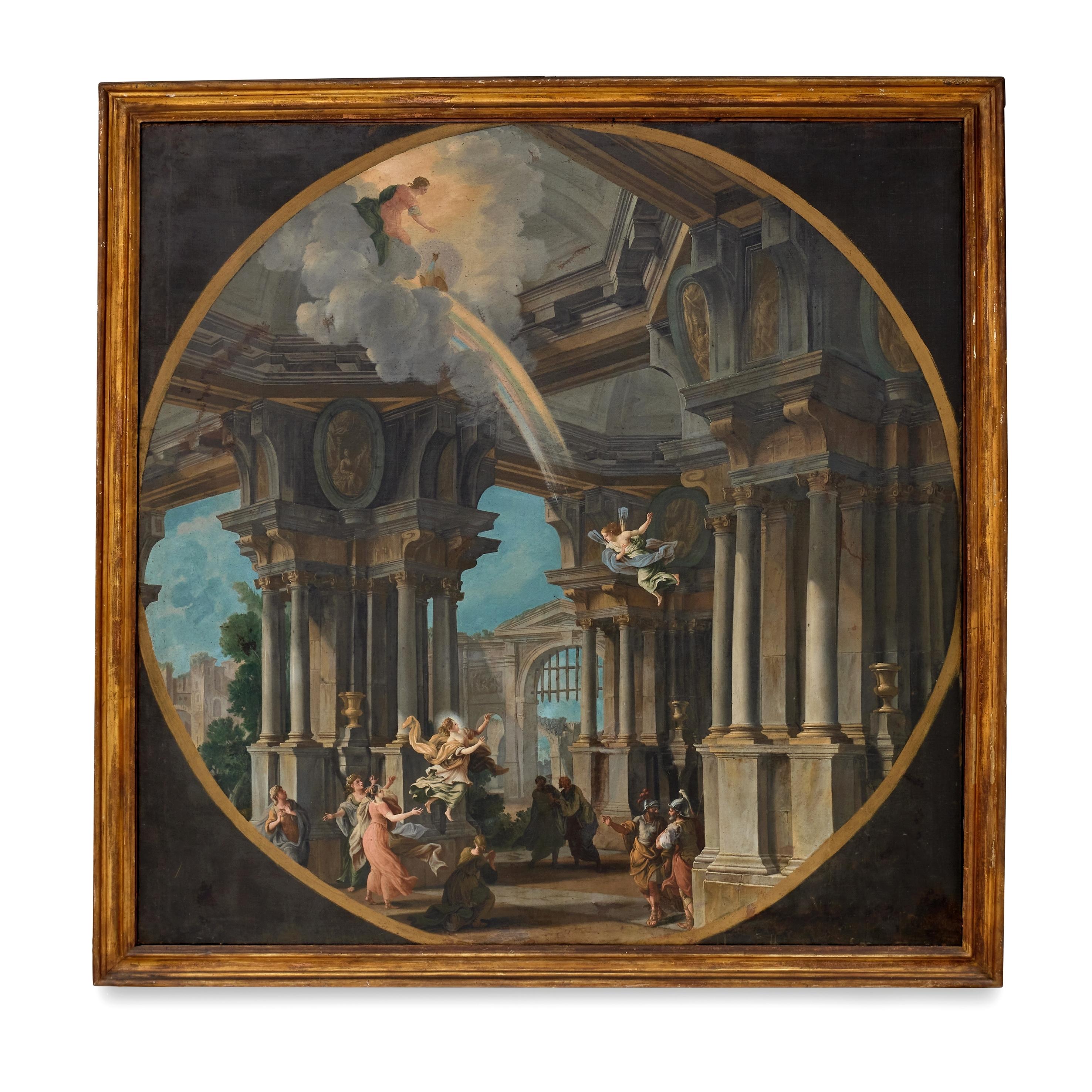 Italiano XVIII secolo, Coppia di dipinti italiani Capriccio con scene mitologiche in vendita