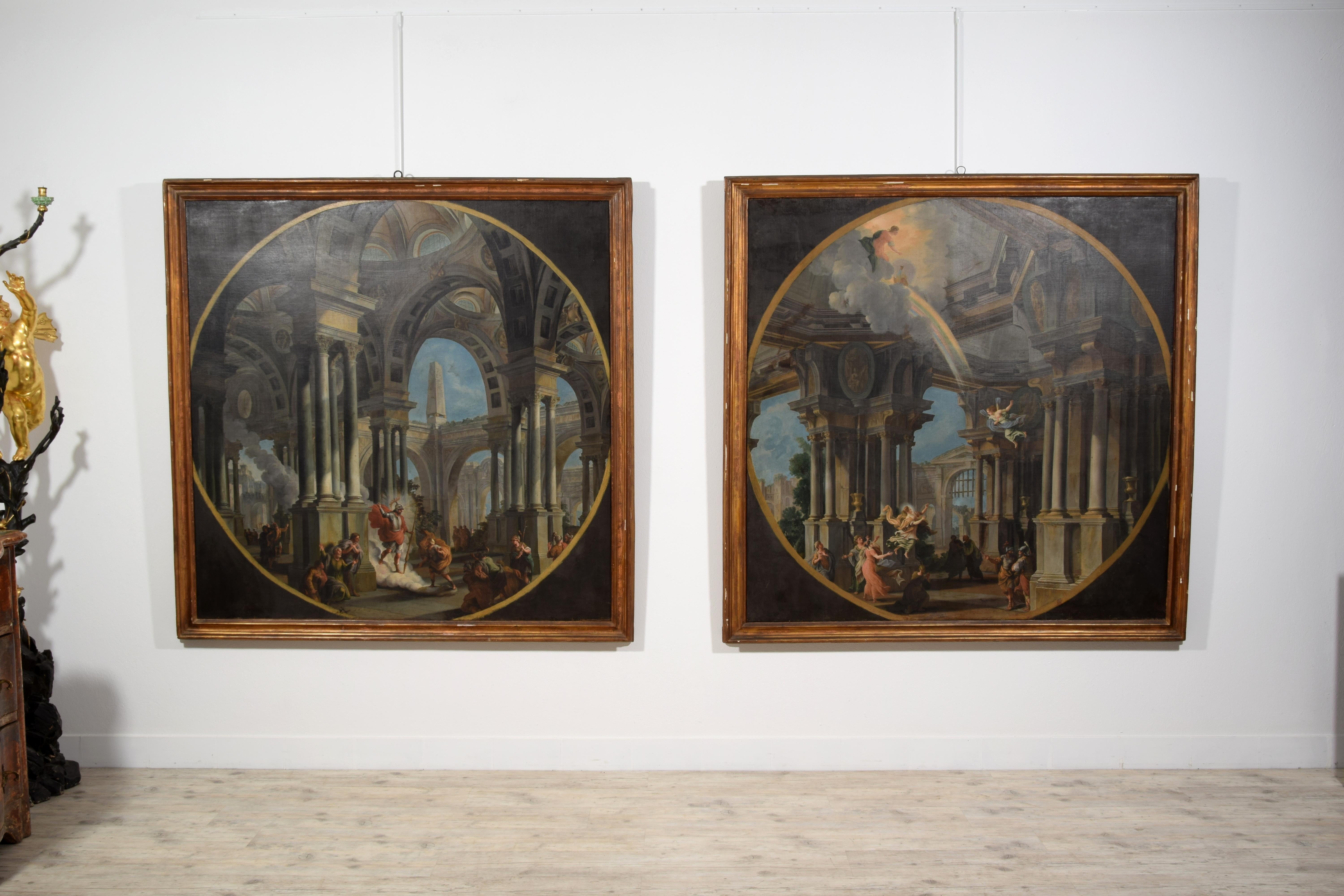 Dipinto a mano XVIII secolo, Coppia di dipinti italiani Capriccio con scene mitologiche in vendita