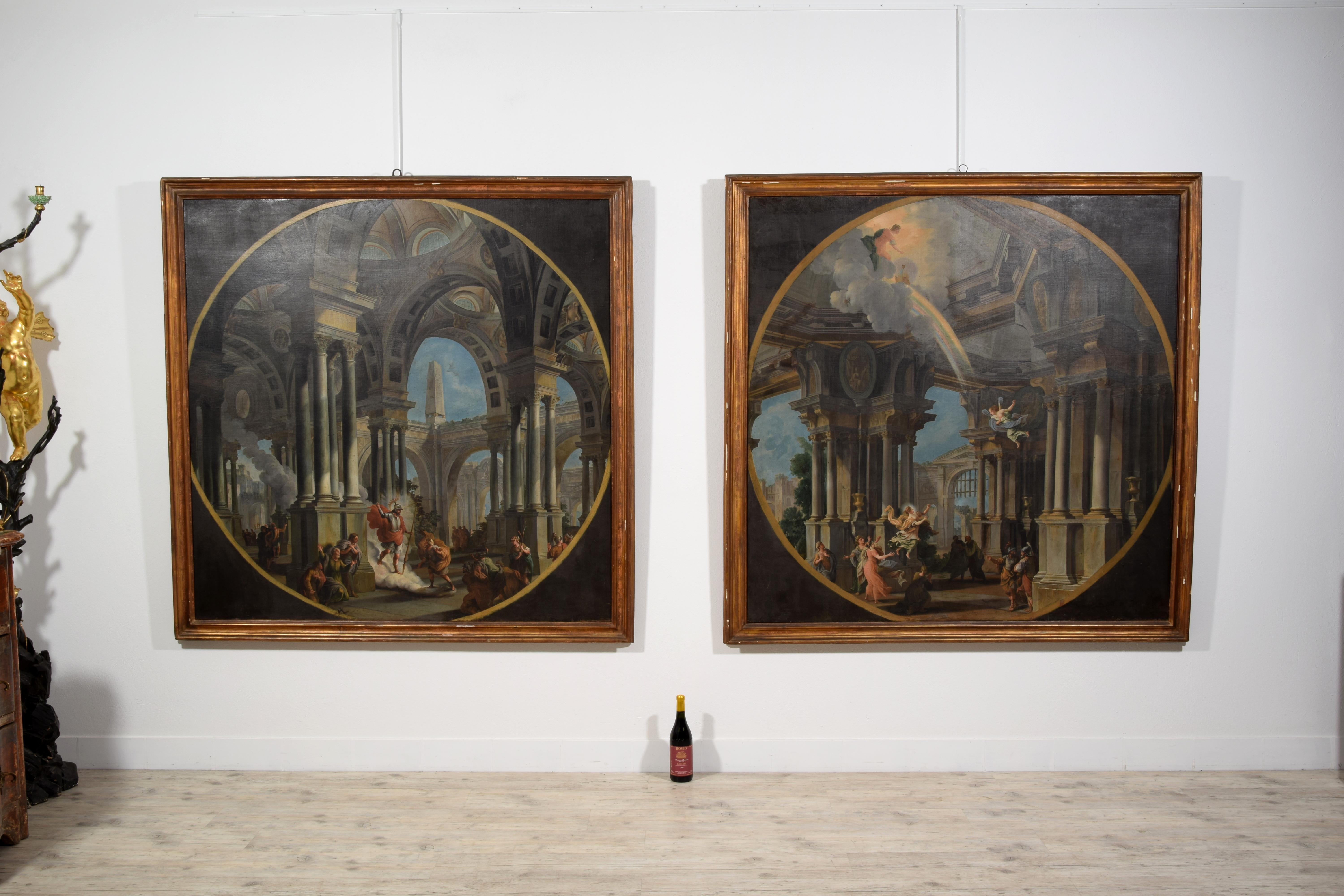 Tela XVIII secolo, Coppia di dipinti italiani Capriccio con scene mitologiche in vendita