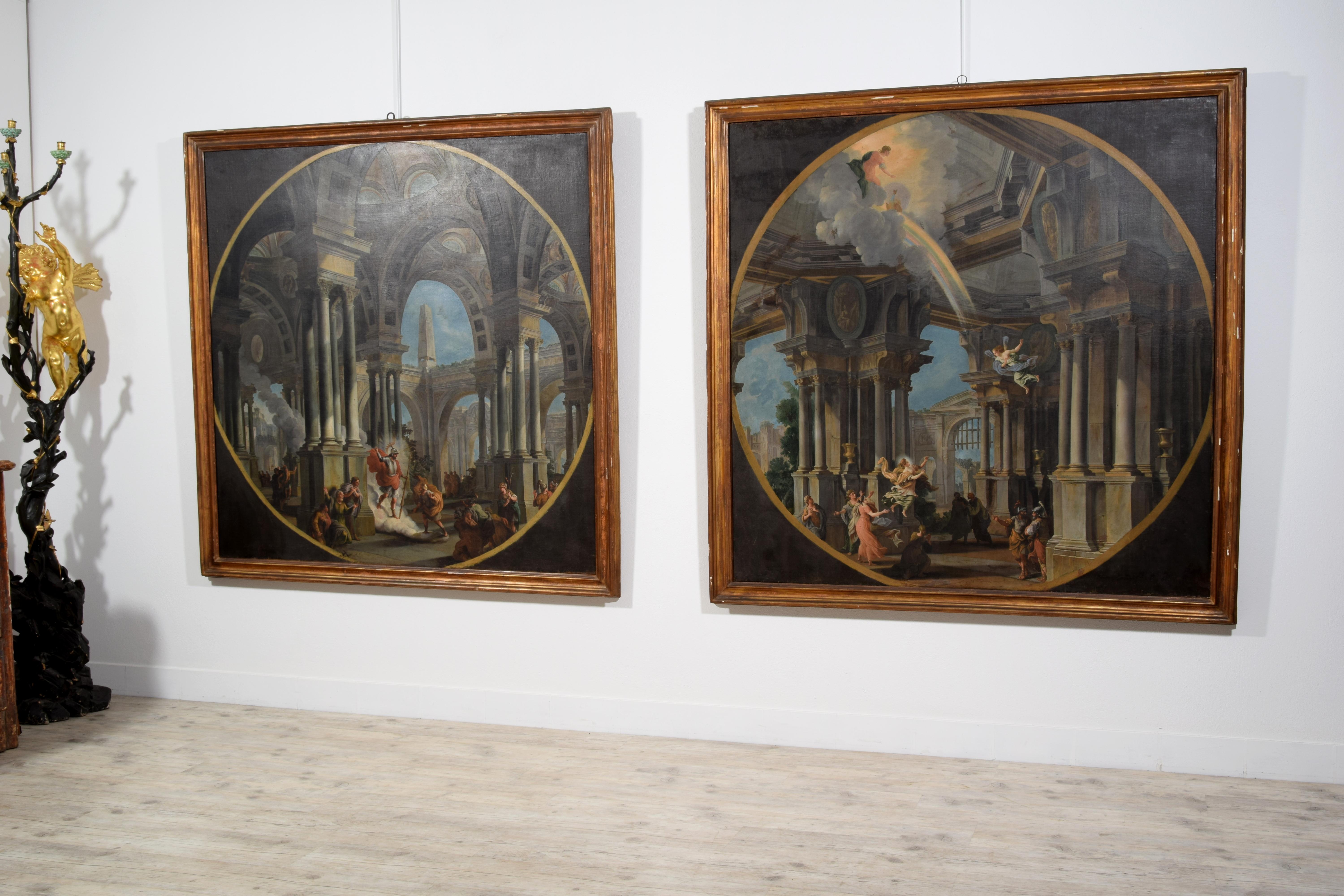 XVIII secolo, Coppia di dipinti italiani Capriccio con scene mitologiche in vendita 1
