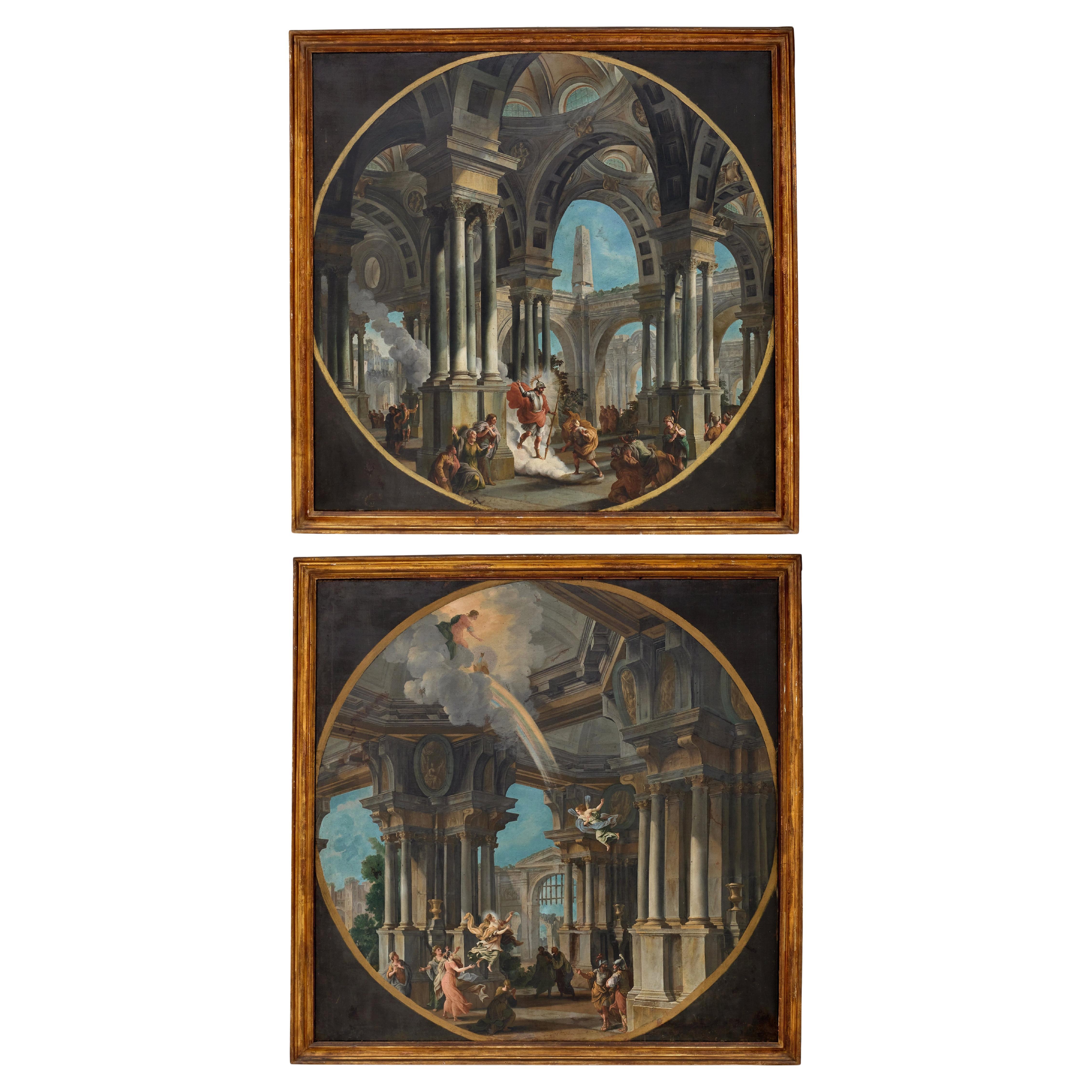 18th century, Couple of Italian Paintings Capriccio with Mythological Scenes