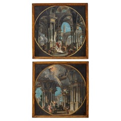 Couple de peintures italiennes Capriccio avec scènes mythologiques, 18e siècle