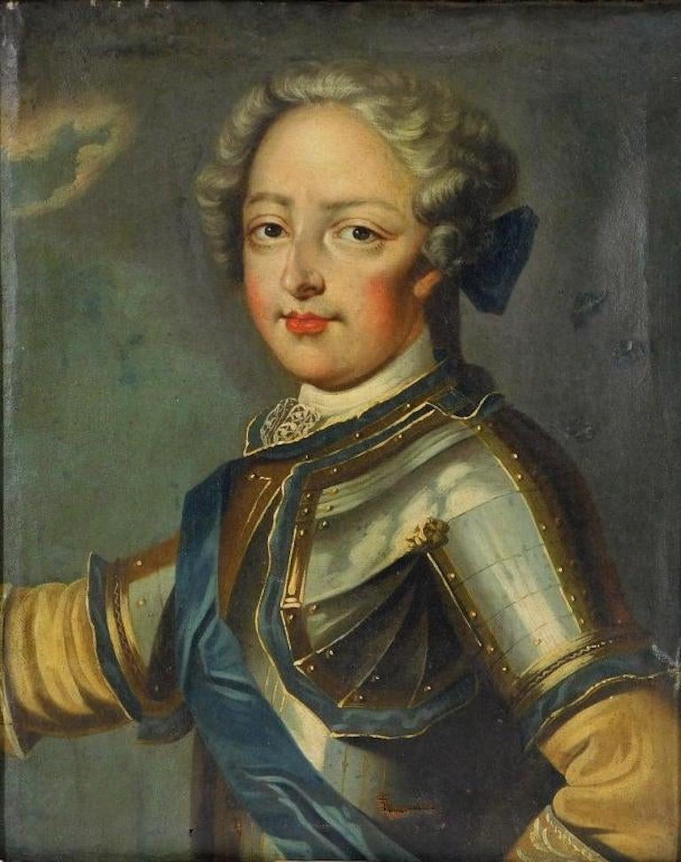 18th century court portrait of Louis XV as a young man. Louis in battle armor. Original condition, not relined and in original, period Regence gilt frame.