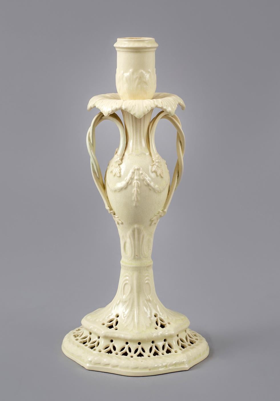 English 18th Century Creamware Candlestick with Twisted Handles For Sale