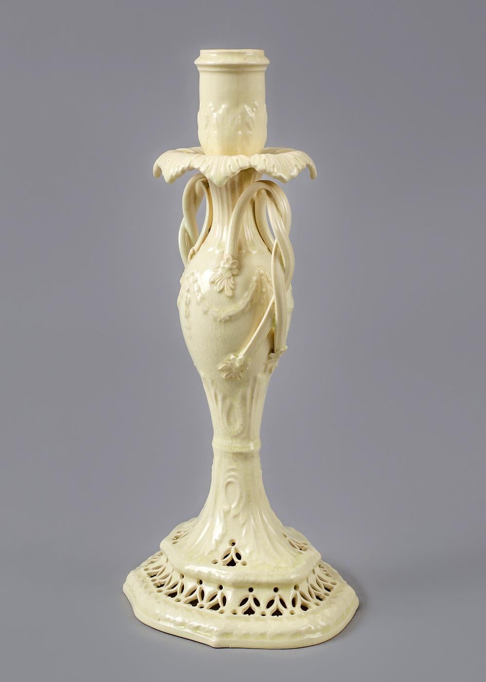 18th Century Creamware Candlestick with Twisted Handles In Good Condition For Sale In Sheffield, MA