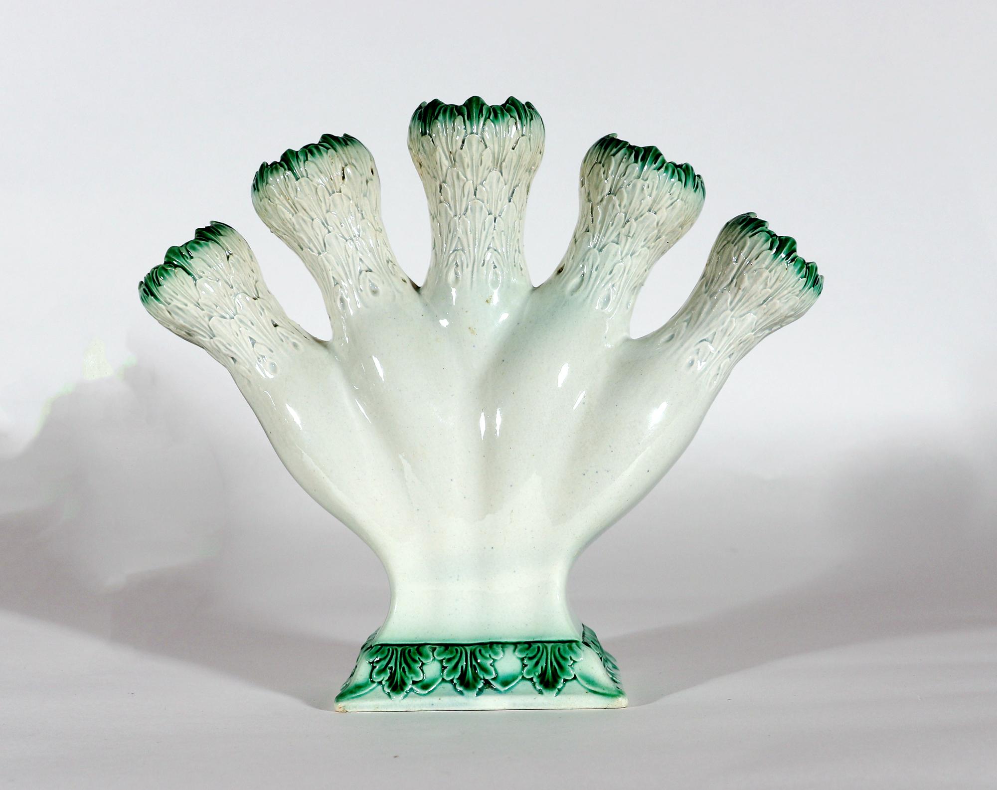 Georgian 18th-Century Creamware Flower Finger Vase with Green Molded Leaves For Sale