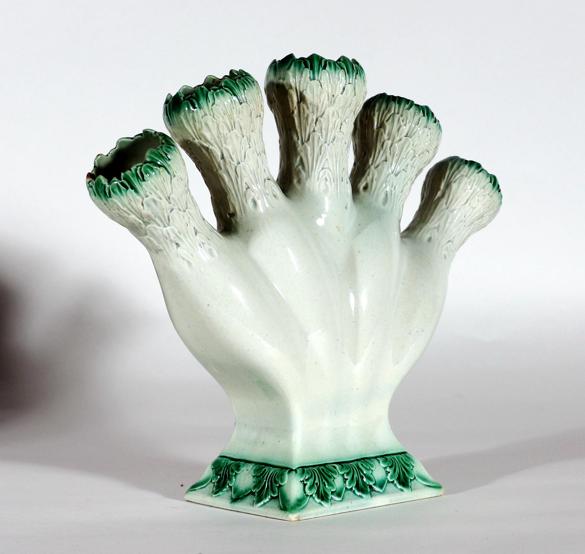 English 18th-Century Creamware Flower Finger Vase with Green Molded Leaves For Sale