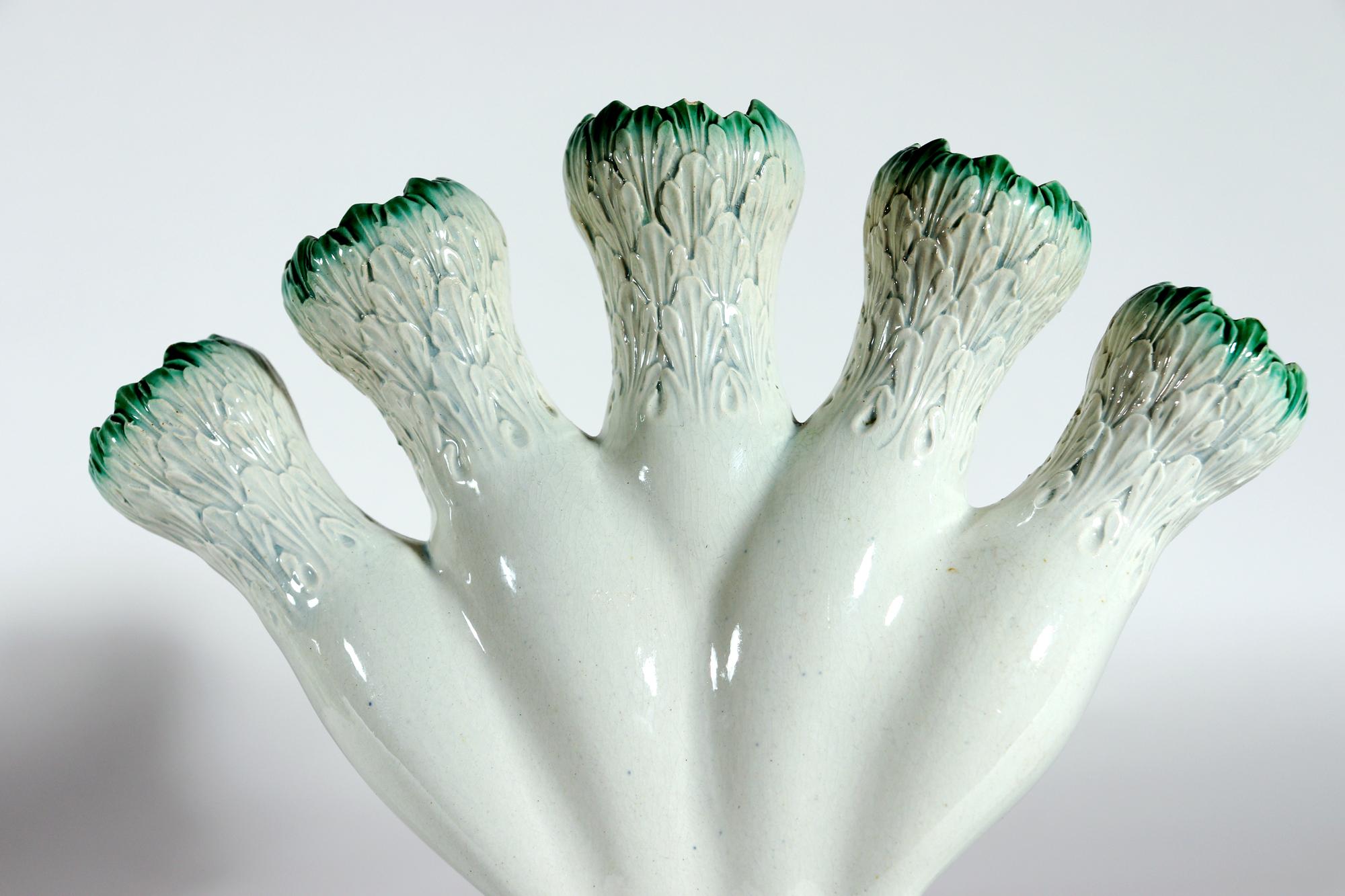 18th Century 18th-Century Creamware Flower Finger Vase with Green Molded Leaves For Sale