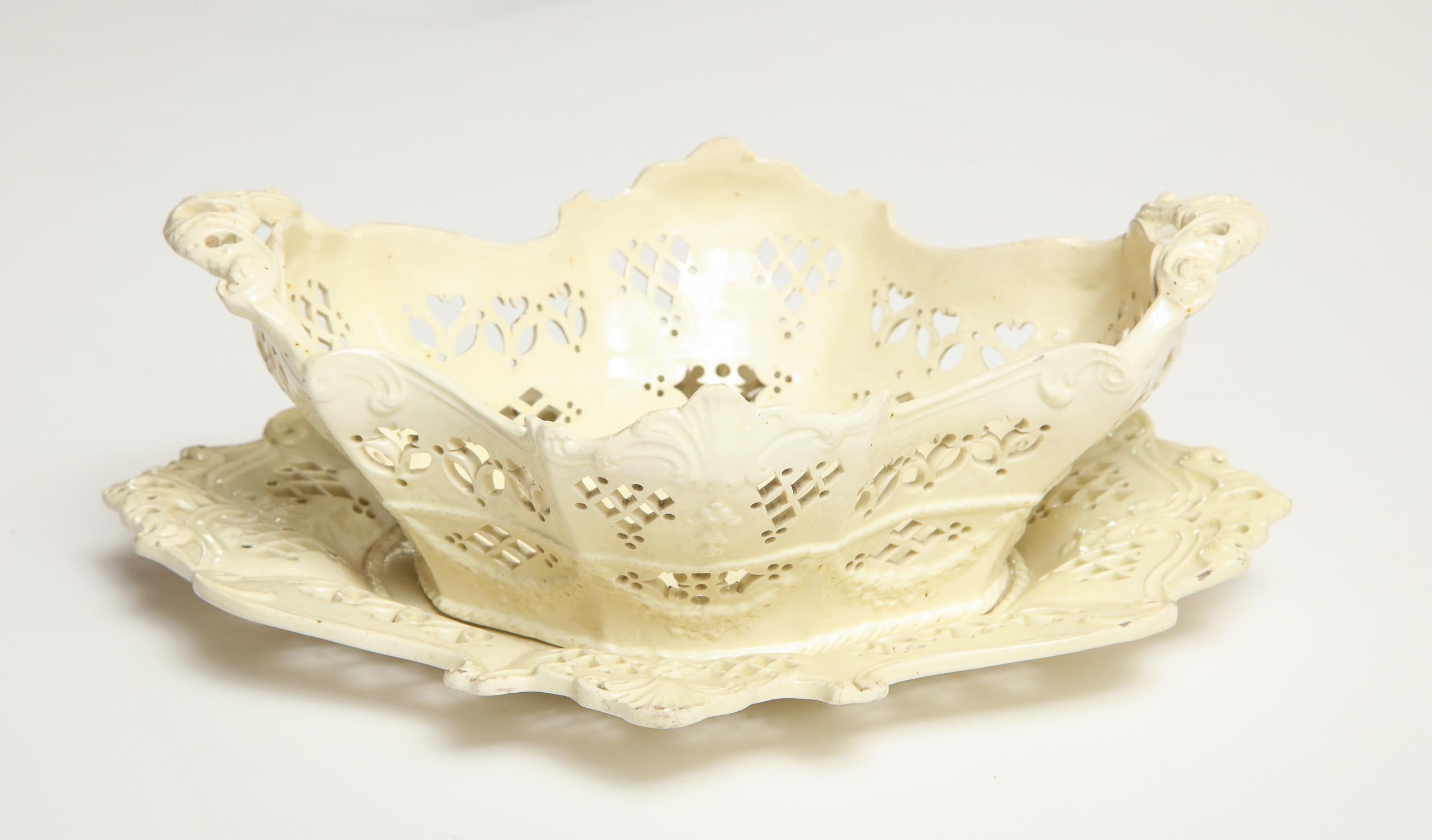18th Century Creamware, Lobe Shaped Fruit Basket and Underliner For Sale 11