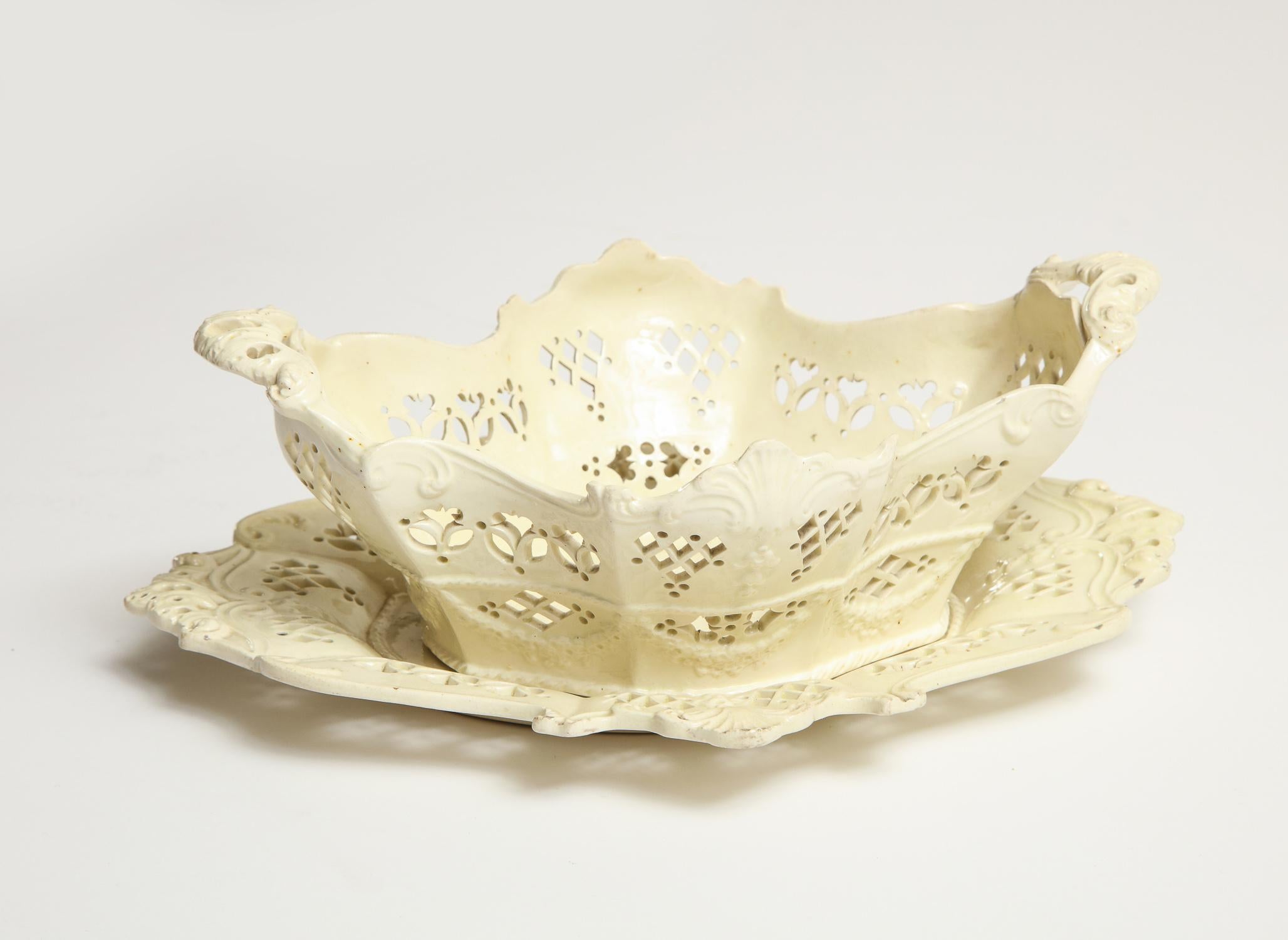 18th Century Creamware, Lobe Shaped Fruit Basket and Underliner For Sale 12