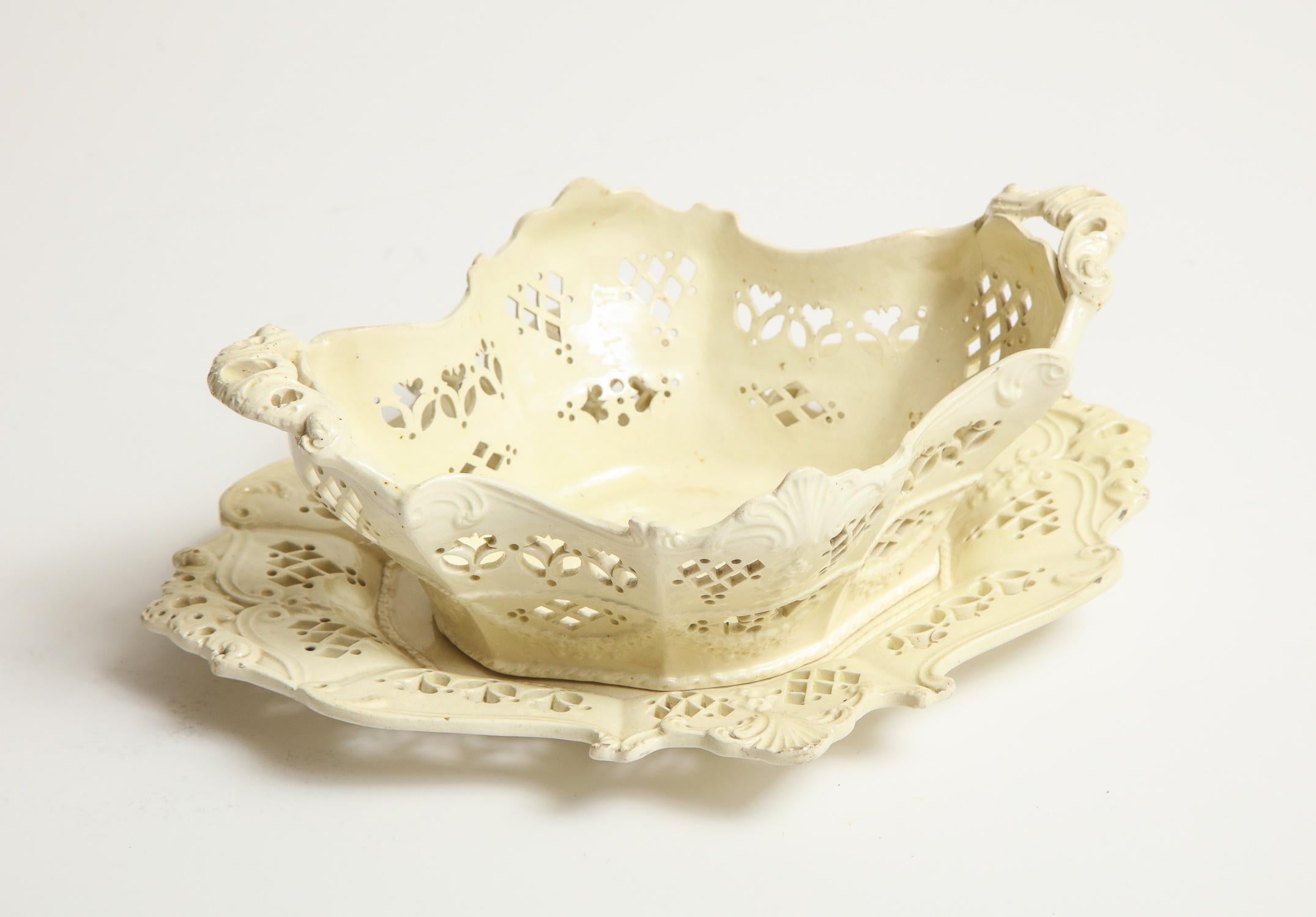 18th century creamware, lobe shaped fruit basket and underliner.