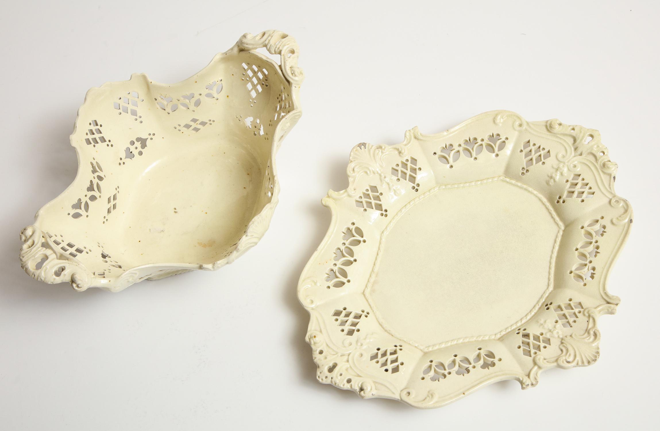 18th Century and Earlier 18th Century Creamware, Lobe Shaped Fruit Basket and Underliner For Sale