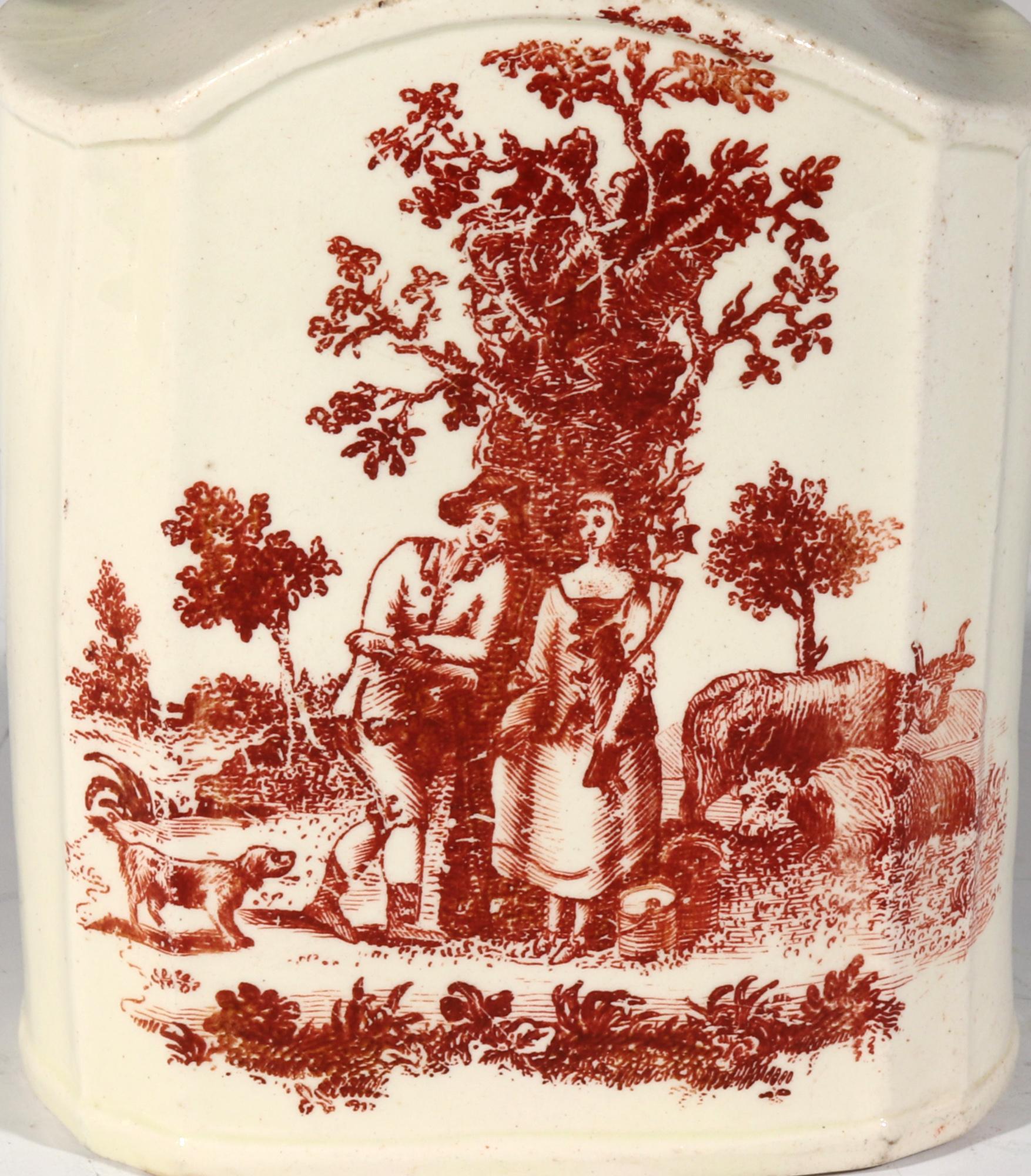 Rot bedruckte Teedose aus Steingut des 18. Jahrhunderts  (Georgian) im Angebot