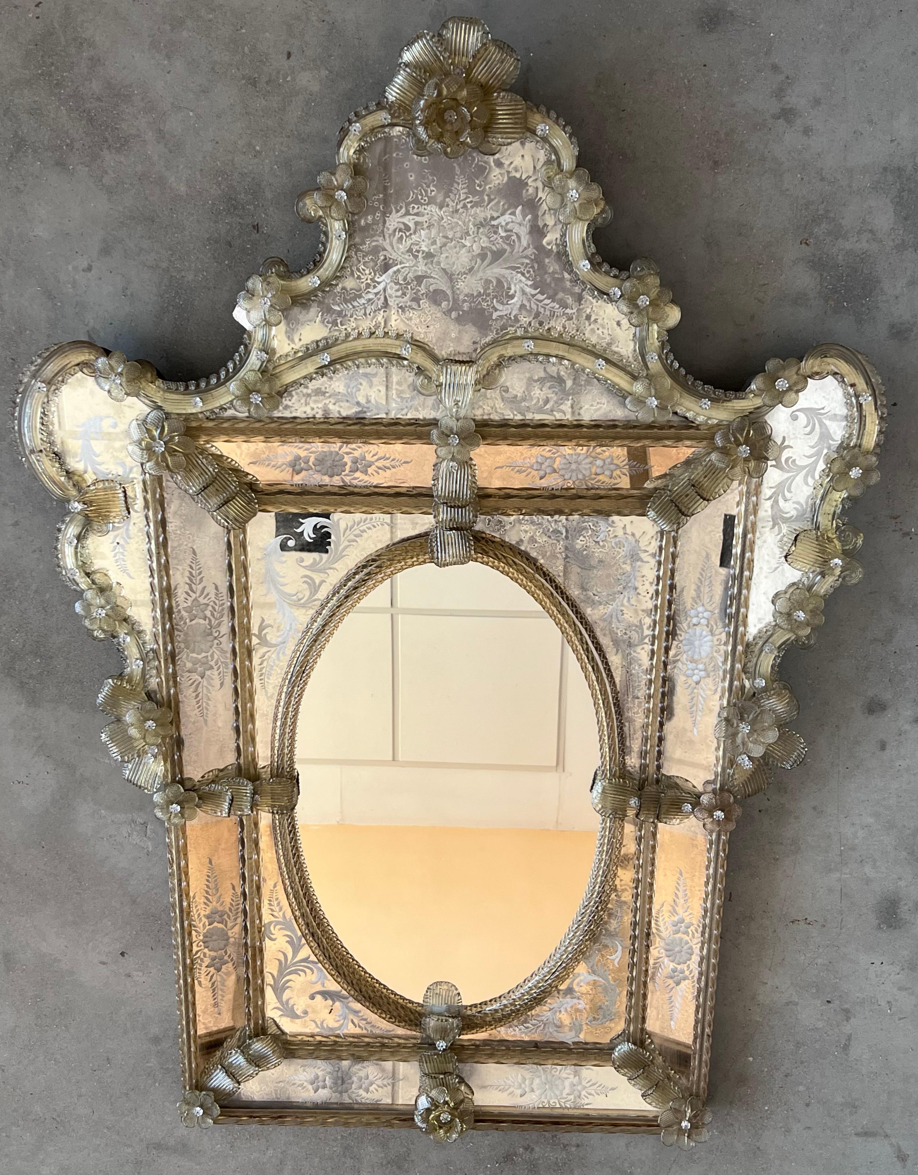 Rococo 18th Century Crest Top Venetian Rectangular Mirror, Handmade and Hand Silvered For Sale