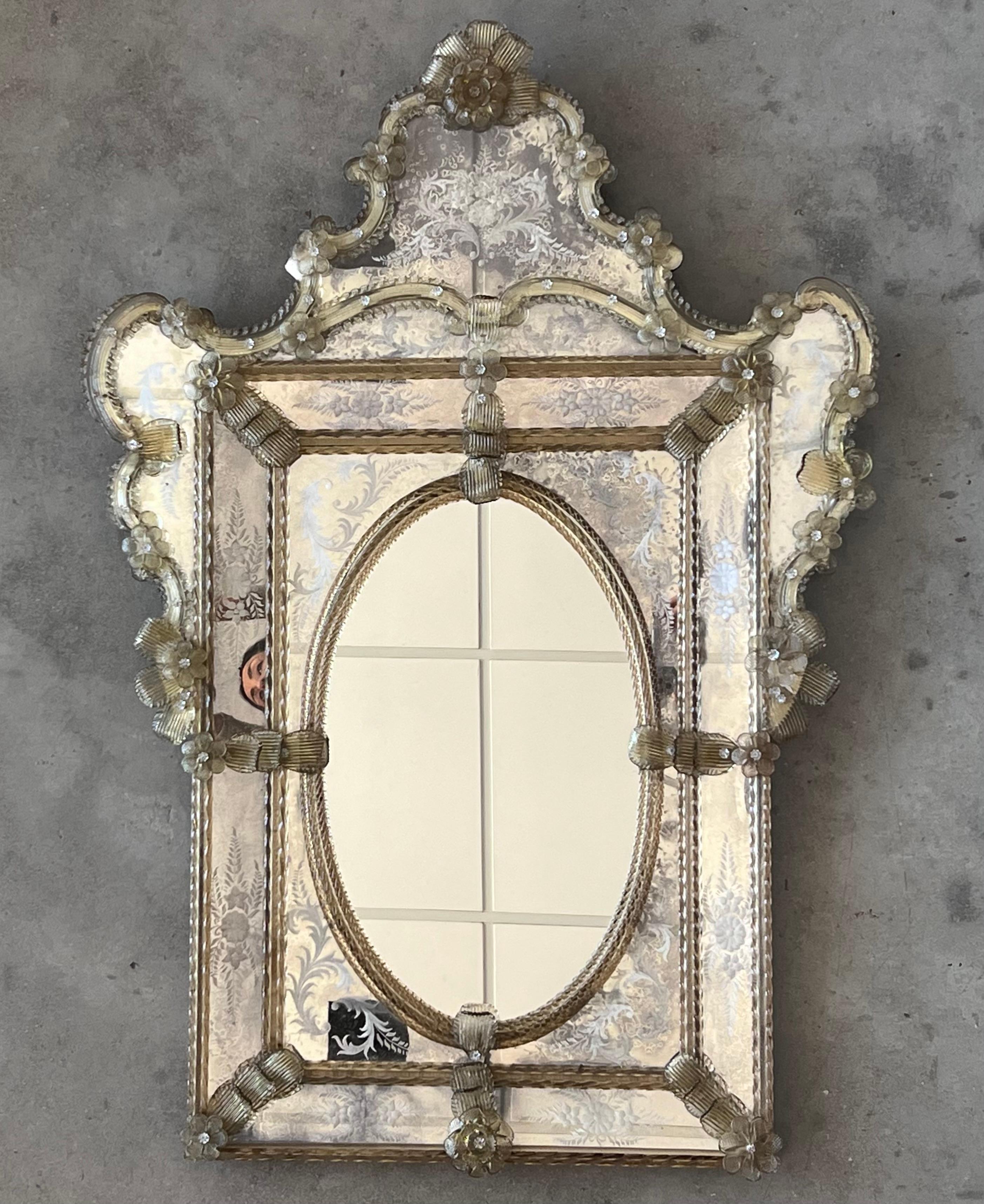 Italian 18th Century Crest Top Venetian Rectangular Mirror, Handmade and Hand Silvered For Sale