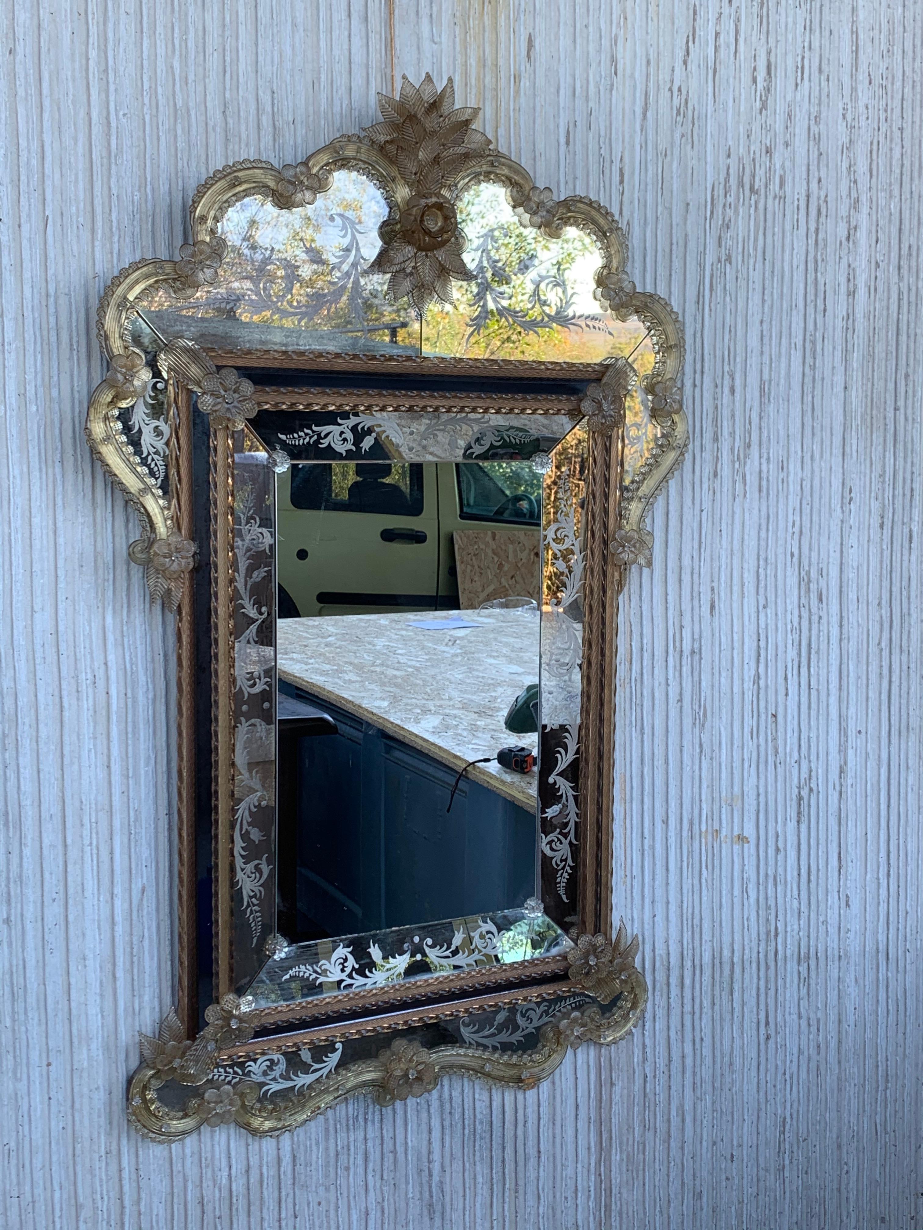 Rococo 18th Century Crest Top Venetian Rectangular Mirror, Handmade and Hand Silvered For Sale