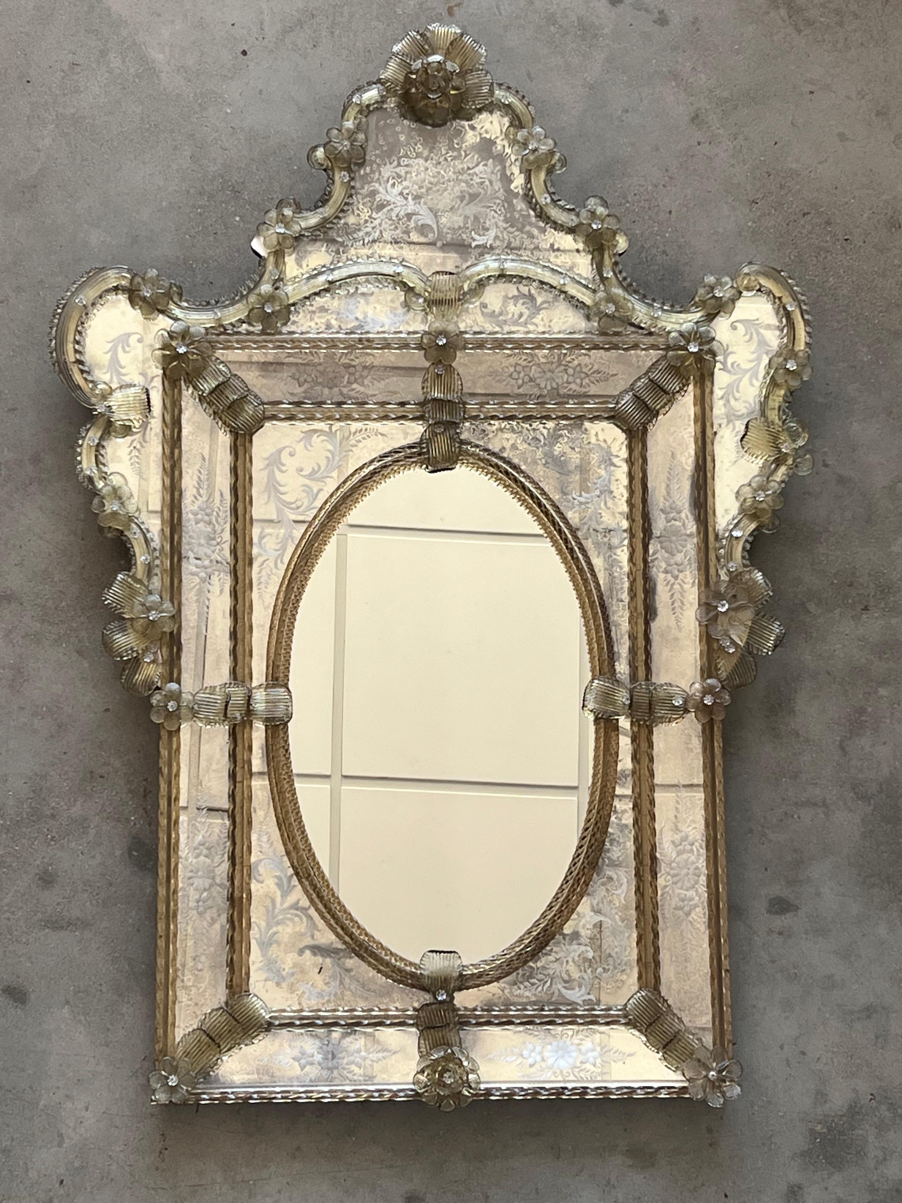 18th Century Crest Top Venetian Rectangular Mirror, Handmade and Hand Silvered In Good Condition For Sale In Miami, FL