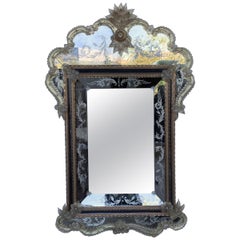 Antique 18th Century Crest Top Venetian Rectangular Mirror, Handmade and Hand Silvered