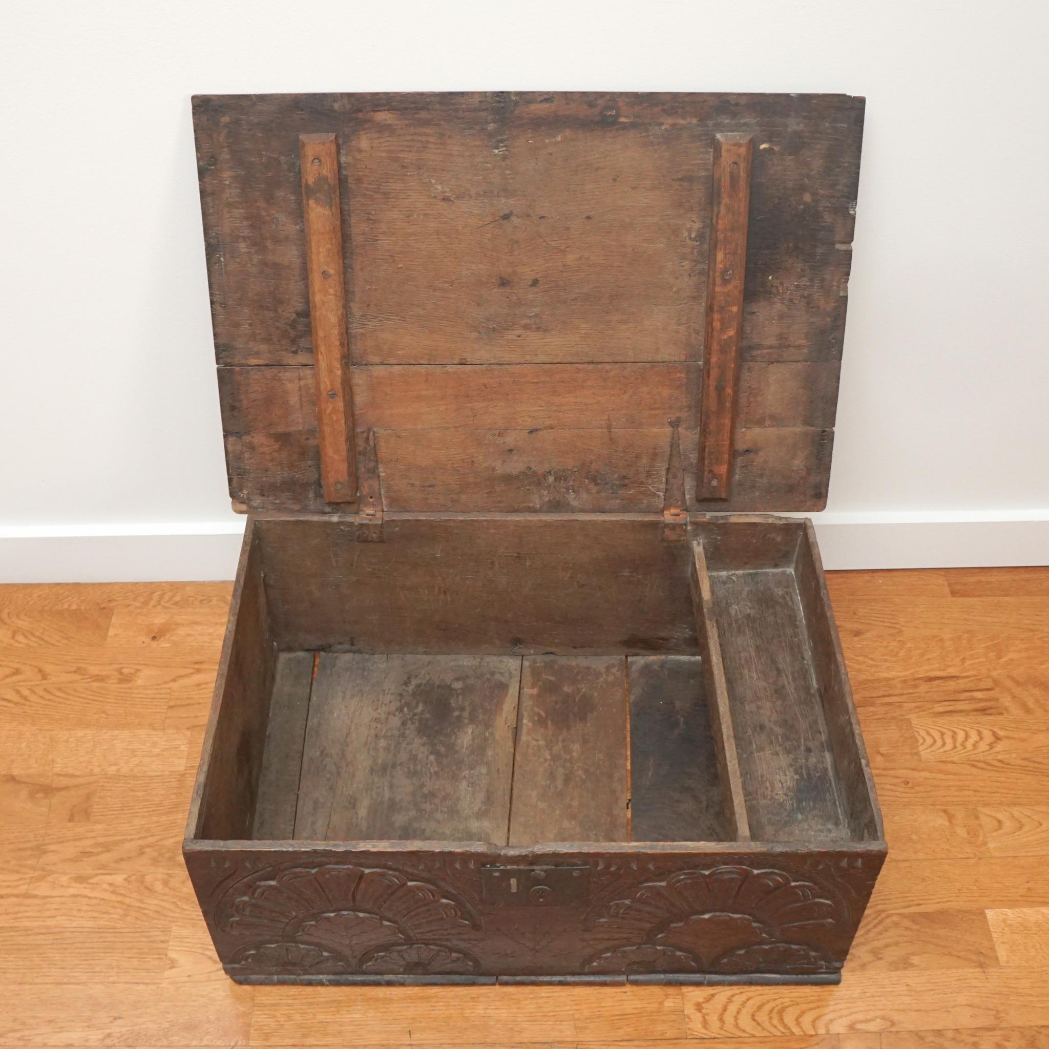 18th century oak carved bible box. Intricate design, original hardware and still in good condition considering its age.