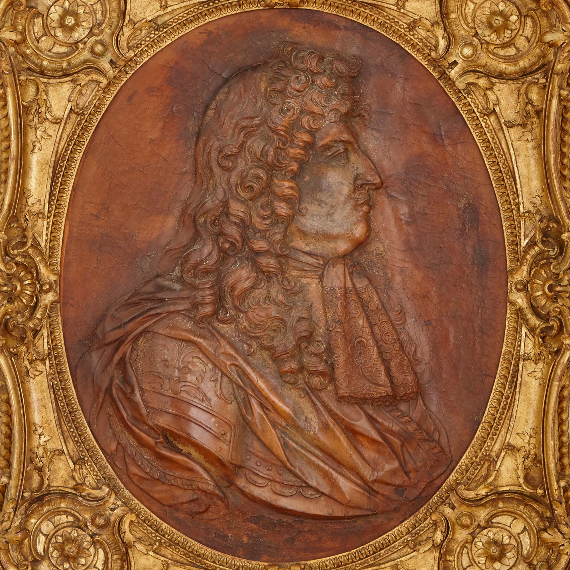 This ‘cuir bouili’ (moulded leather) panel is a truly beautiful and rare piece of early 18th Century art. It is a profile portrait of the French King Louis XIV (1643-1715), depicted at around the age of 50. This image is based on a marble relief