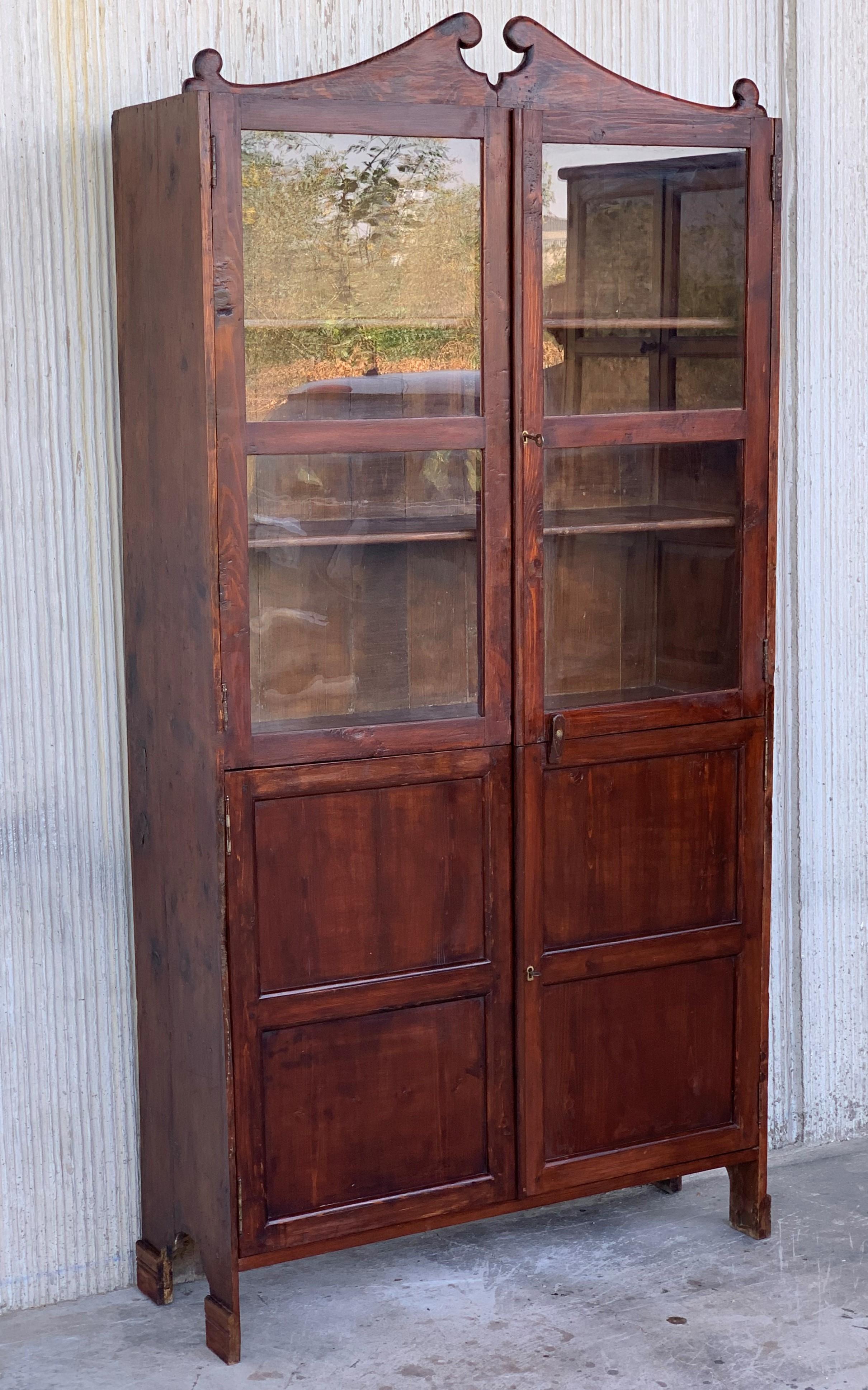 Baroque 18th Century Cupboard or Bookcase with Glass Vitrine, Walnut, Spain Restored For Sale