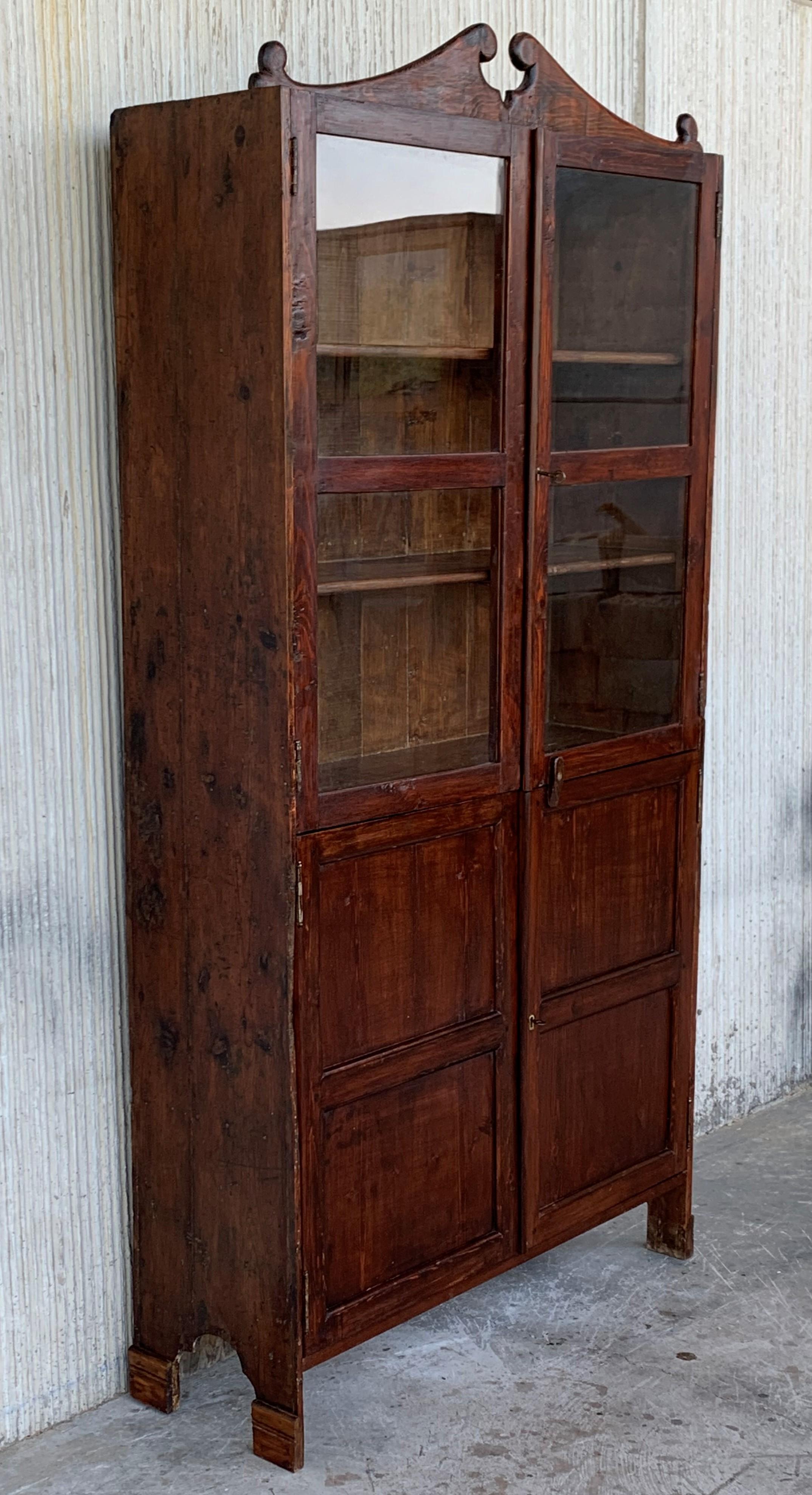 18th Century Cupboard or Bookcase with Glass Vitrine, Walnut, Spain Restored For Sale 1