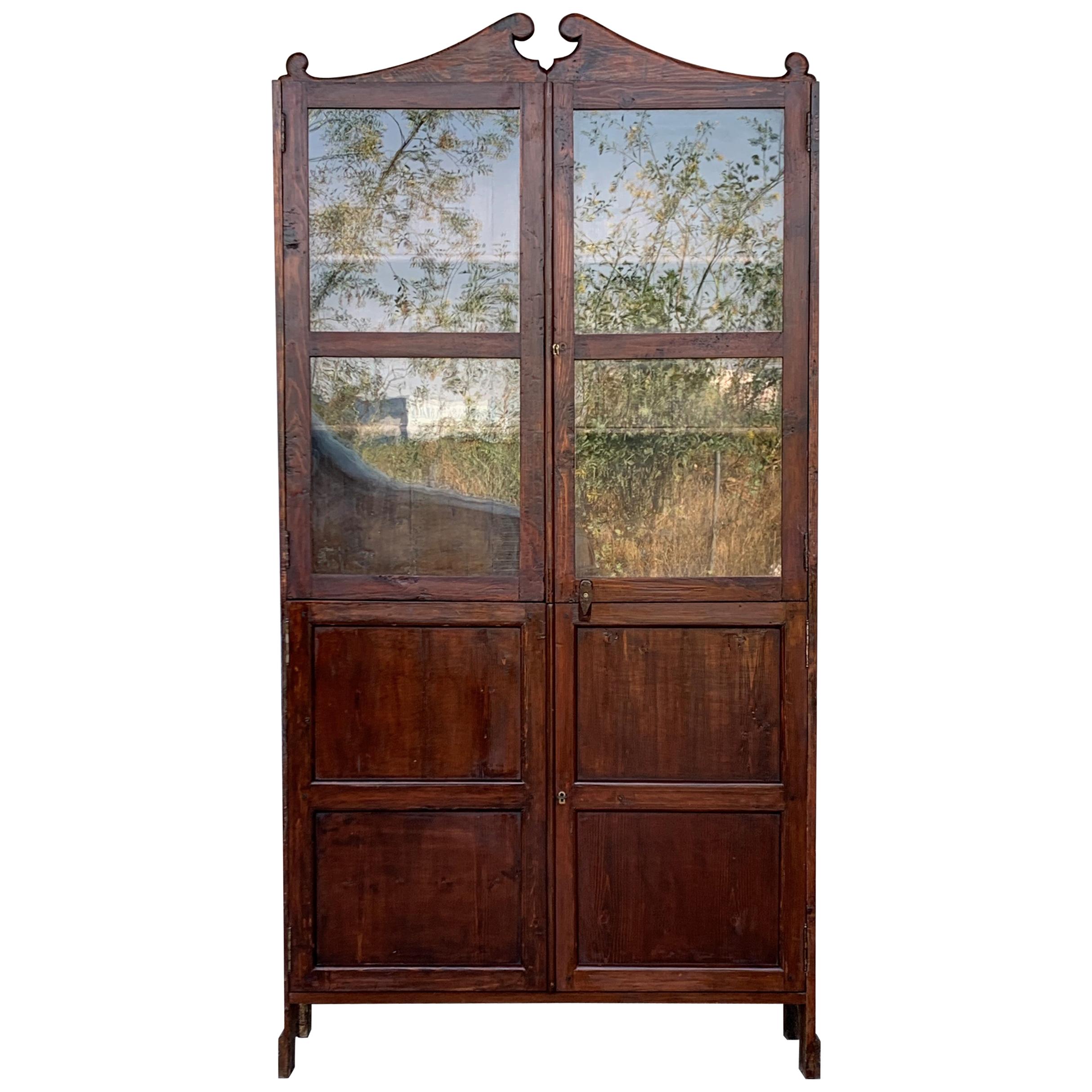 18th Century Cupboard or Bookcase with Glass Vitrine, Walnut, Spain Restored For Sale