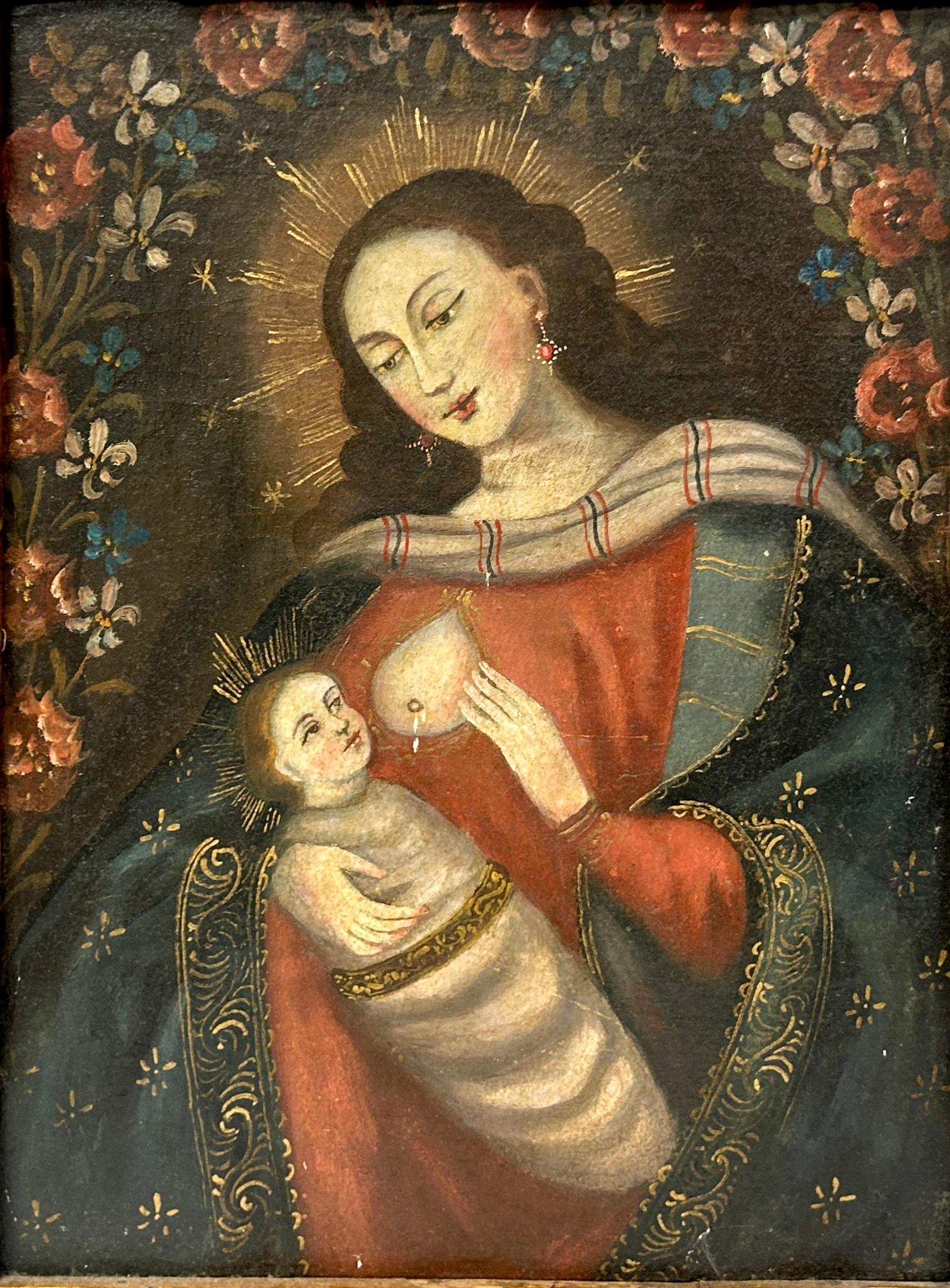 Peruvian Cuzco School Painting Of Madonna Nursing Child  For Sale