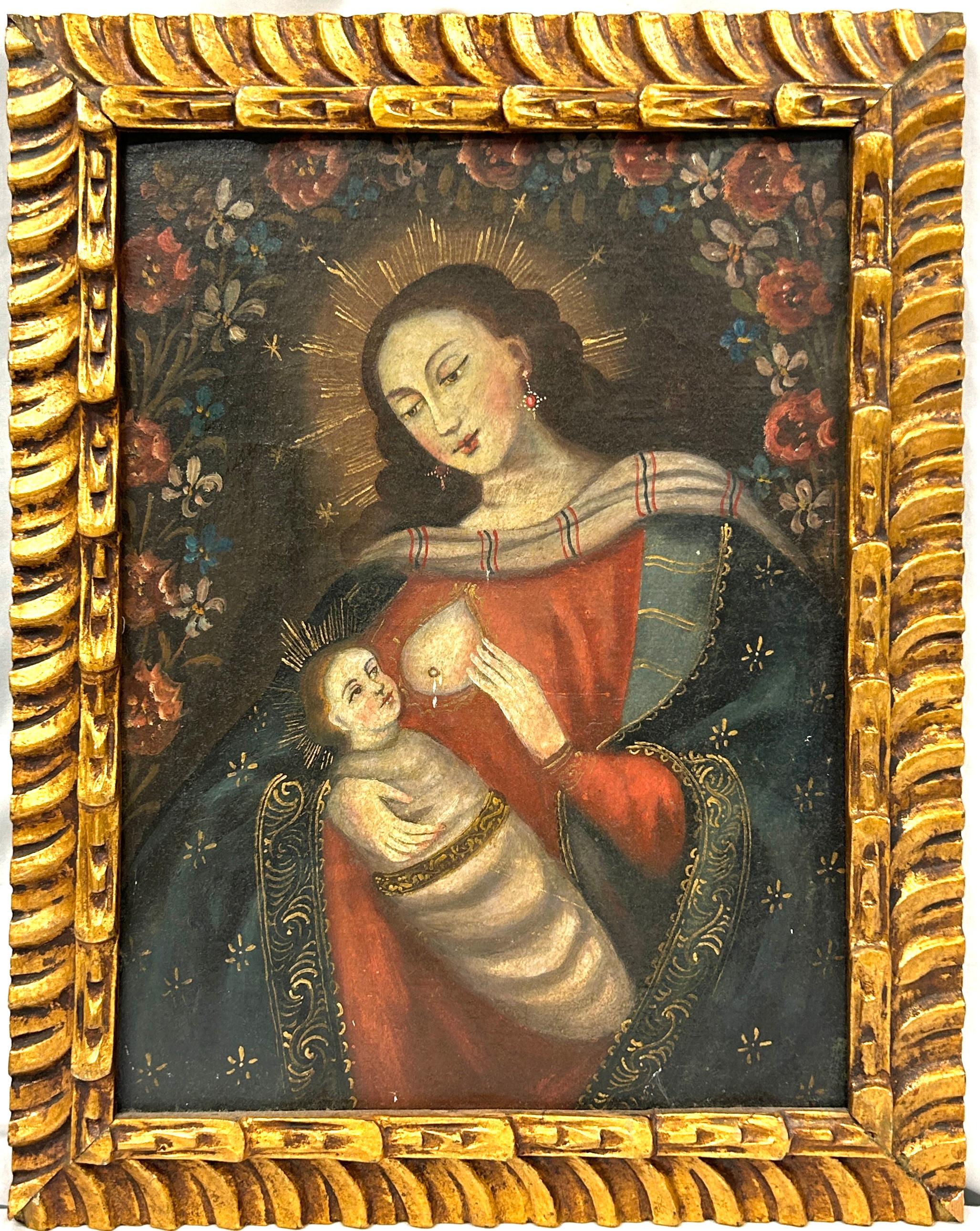 18th Century and Earlier Cuzco School Painting Of Madonna Nursing Child  For Sale
