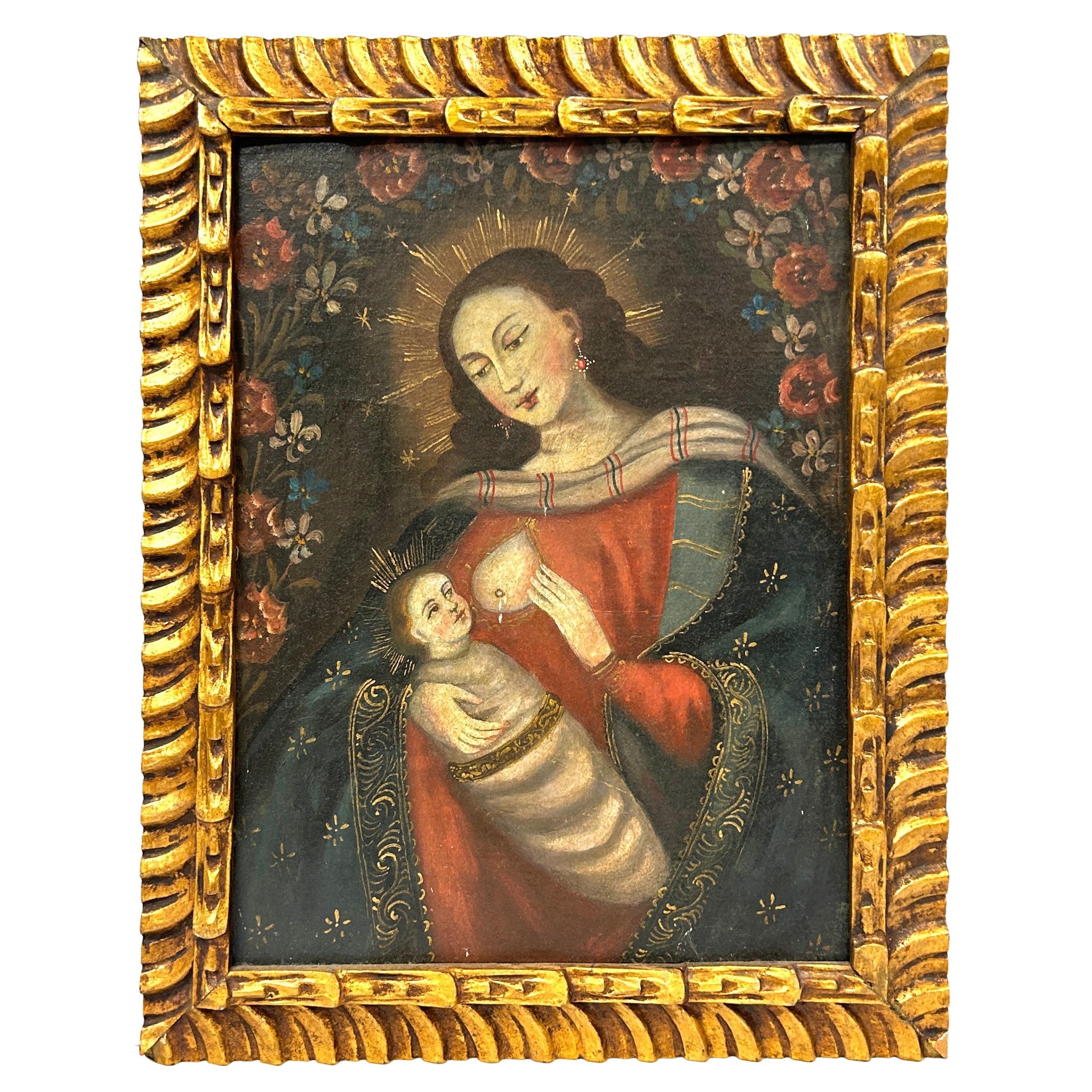 Cuzco School Painting Of Madonna Nursing Child 