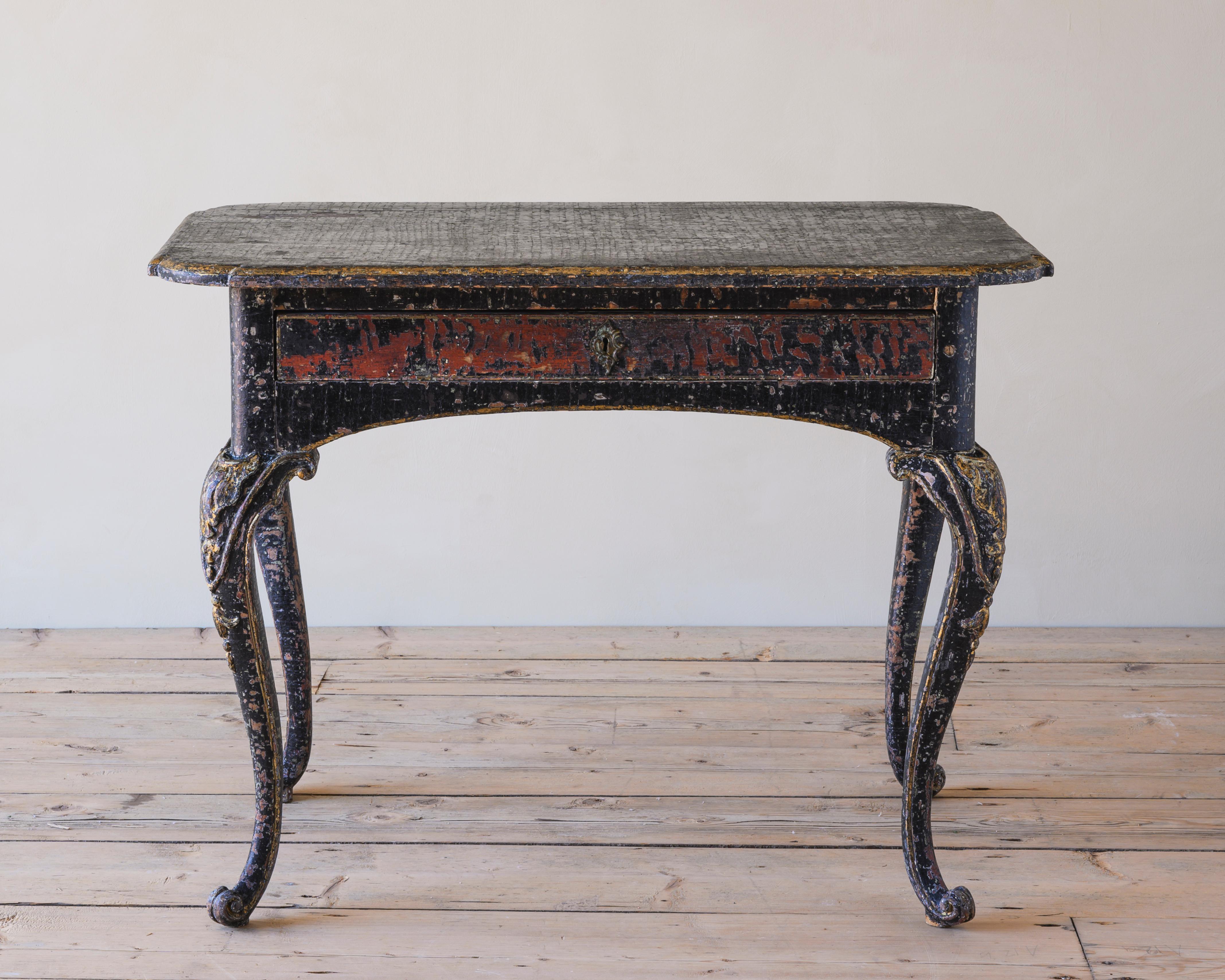 Fine and unusual 18th century Danish late Baroque console table with very good proportions and shape. Works equally well as a center table. Original color is red which can be seen under the black layer of color which was applied during the 19th