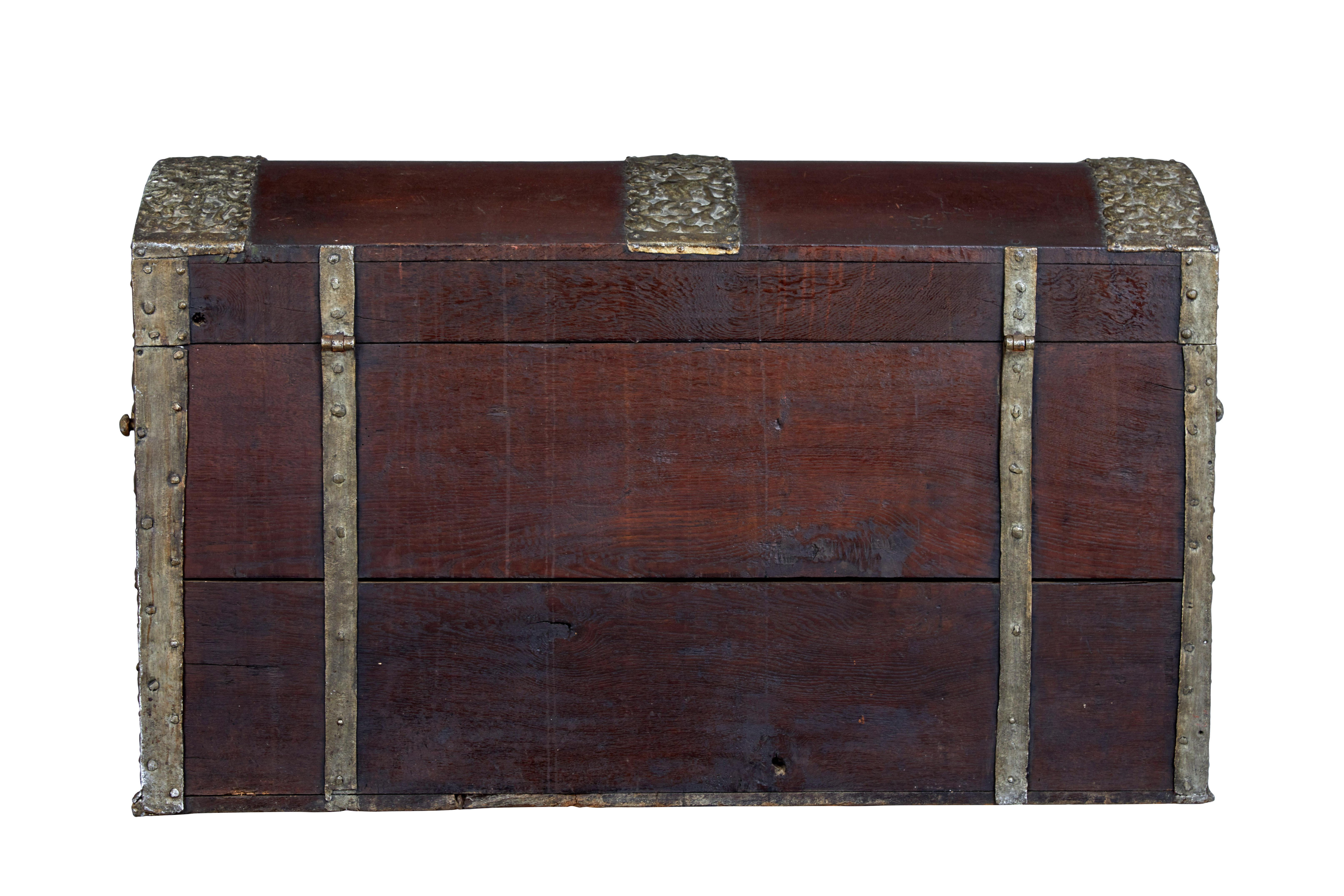 Hand-Crafted 18th Century Danish oak dome top coffer For Sale