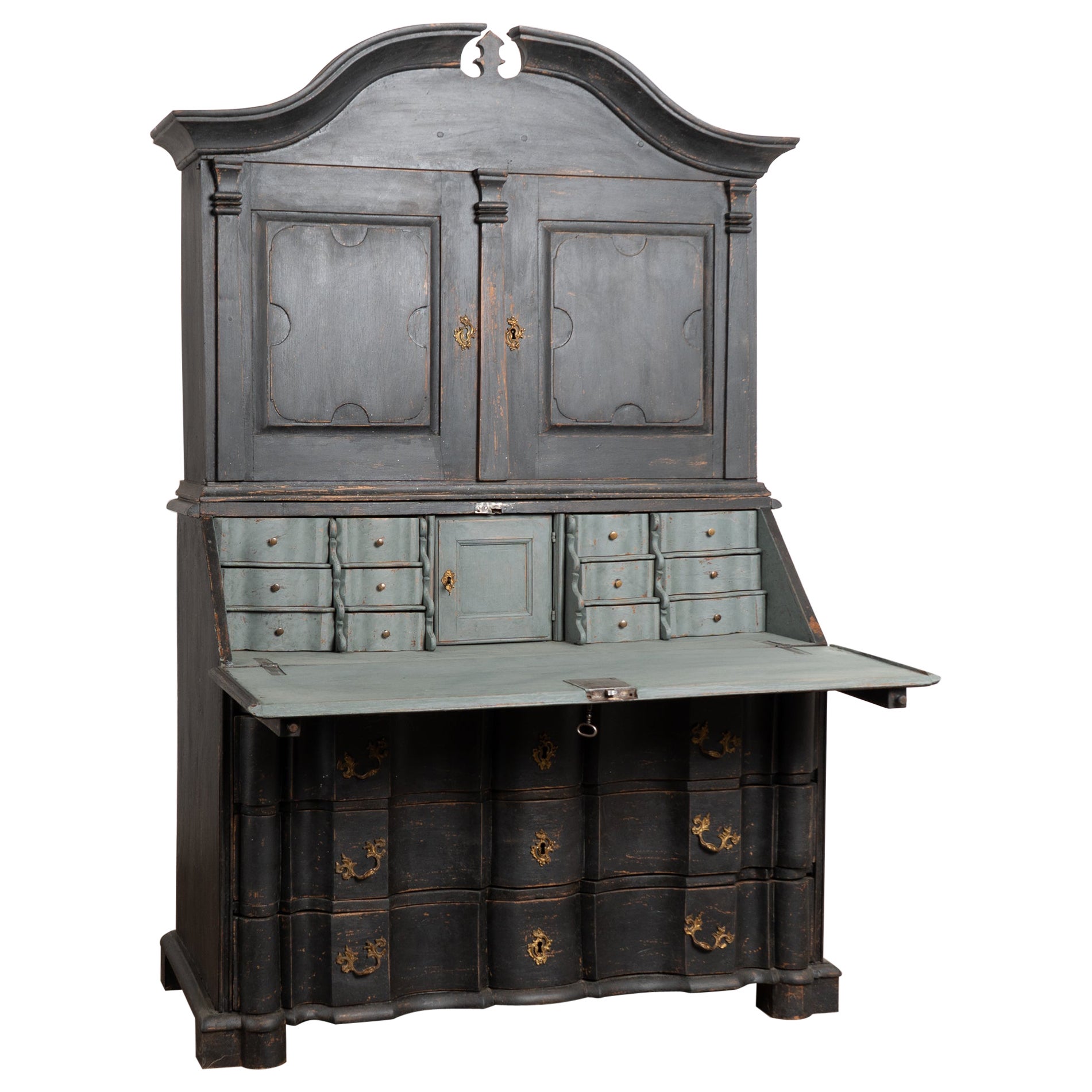 18th Century Danish Oak Secretary Bureau, Painted Black