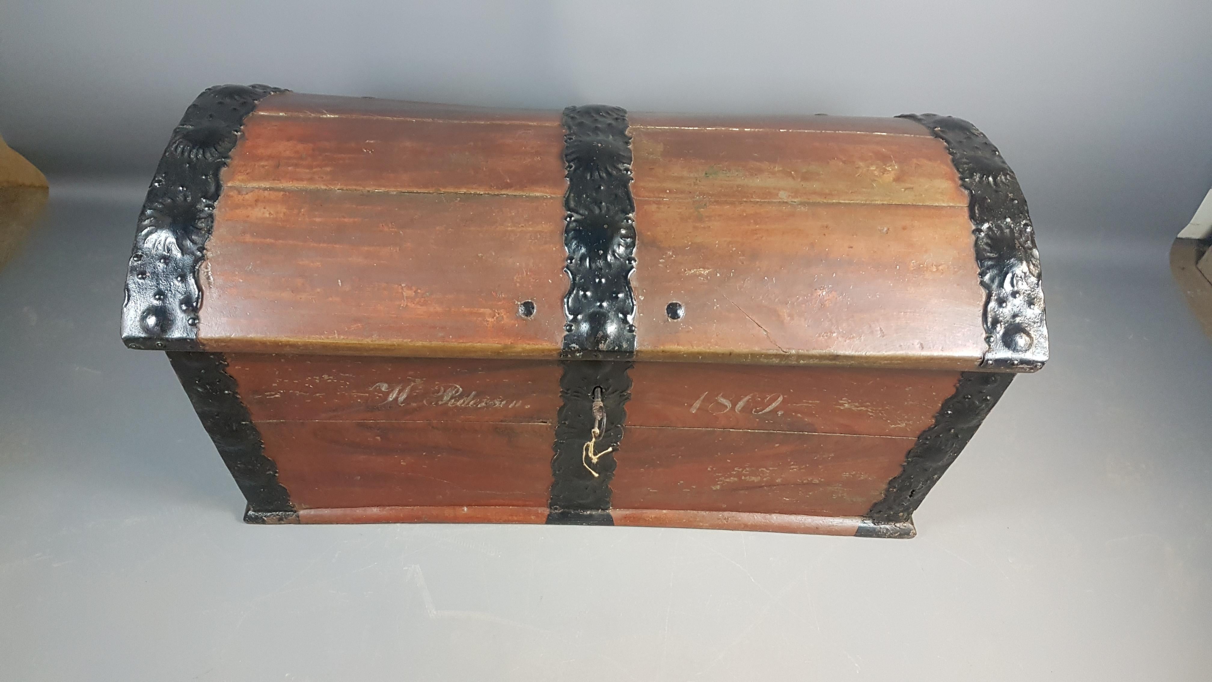 Molded 18th Century Danish Painted Oak and Iron Bound Trunk For Sale