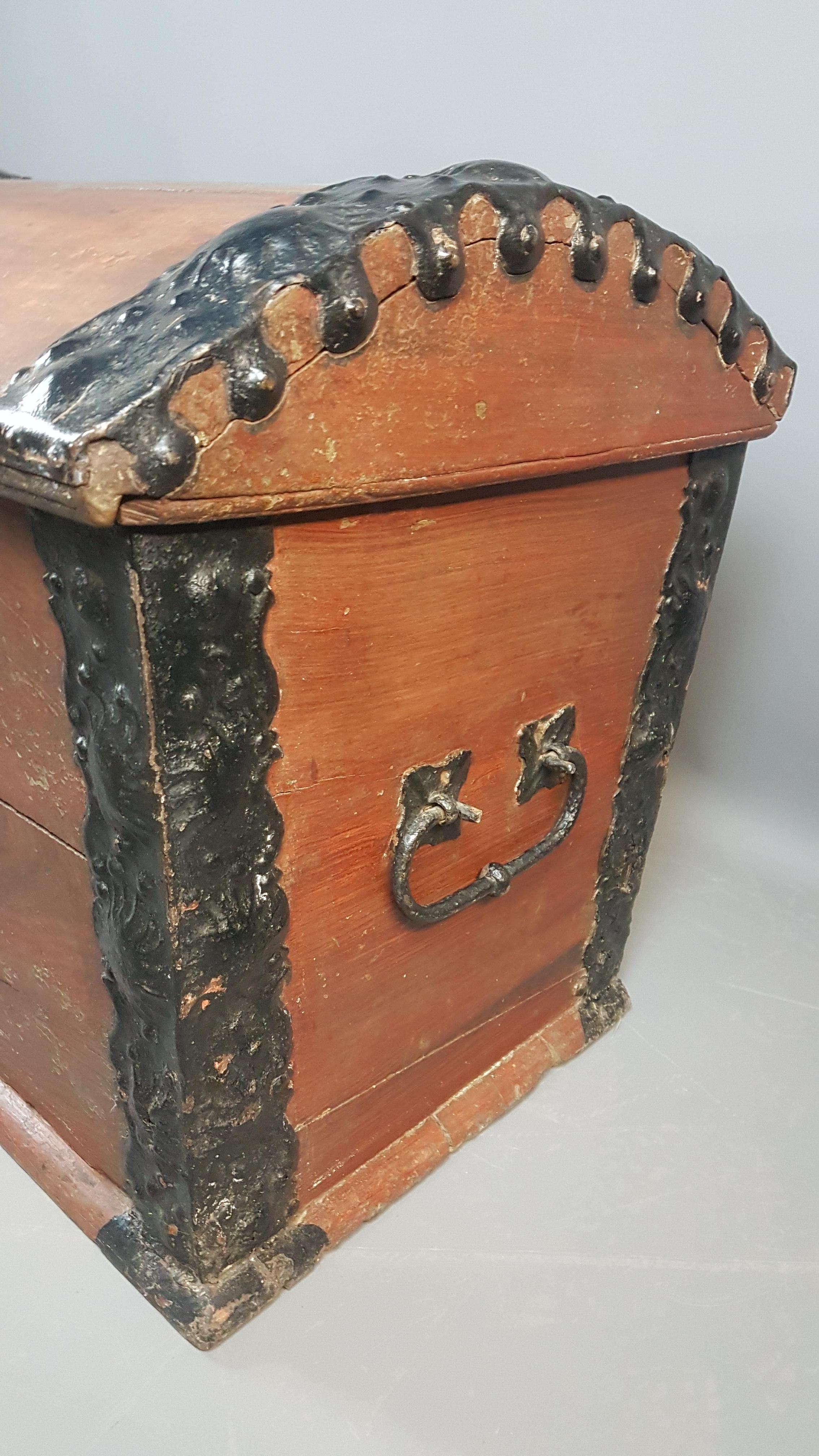 18th Century Danish Painted Oak and Iron Bound Trunk For Sale 1