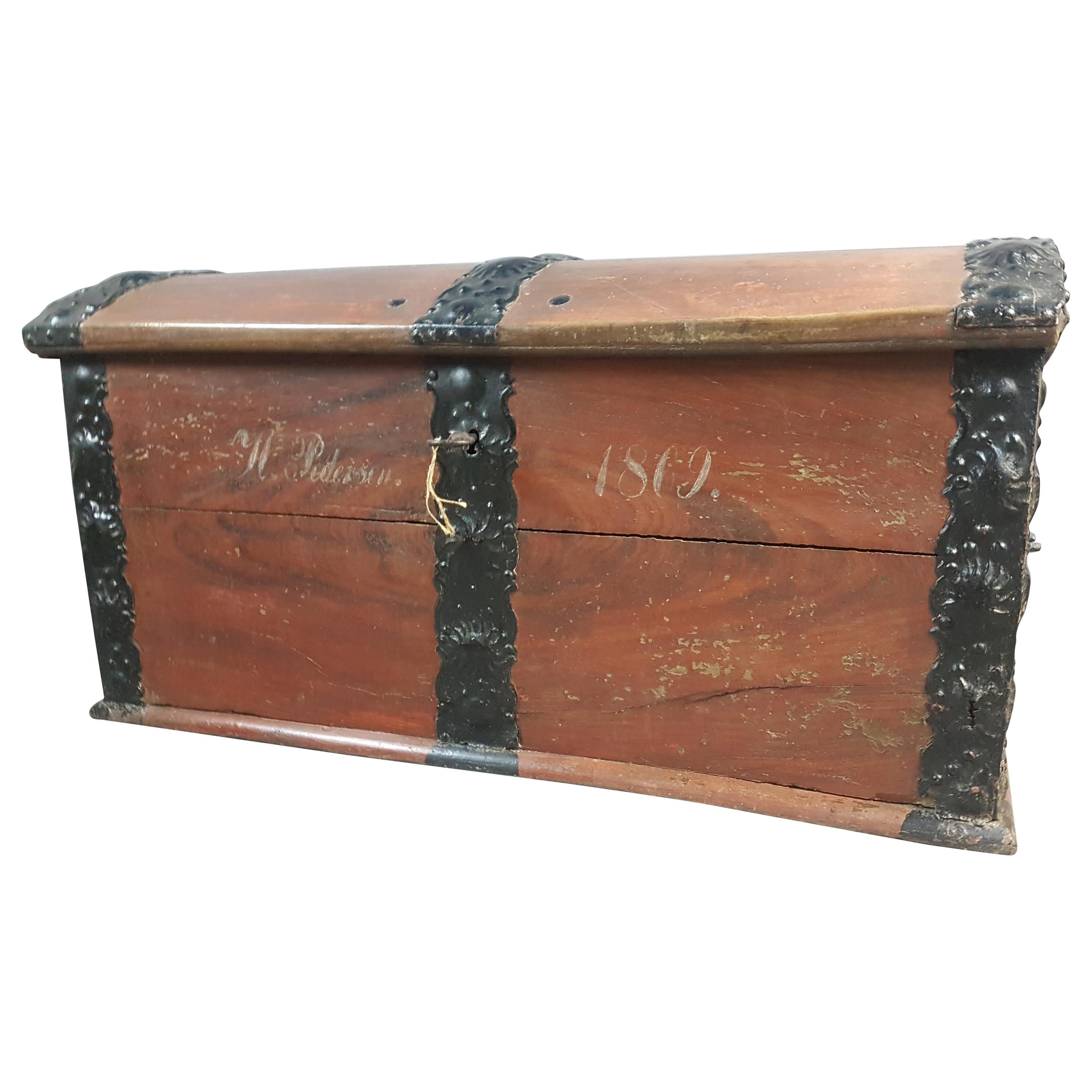18th Century Danish Painted Oak and Iron Bound Trunk For Sale