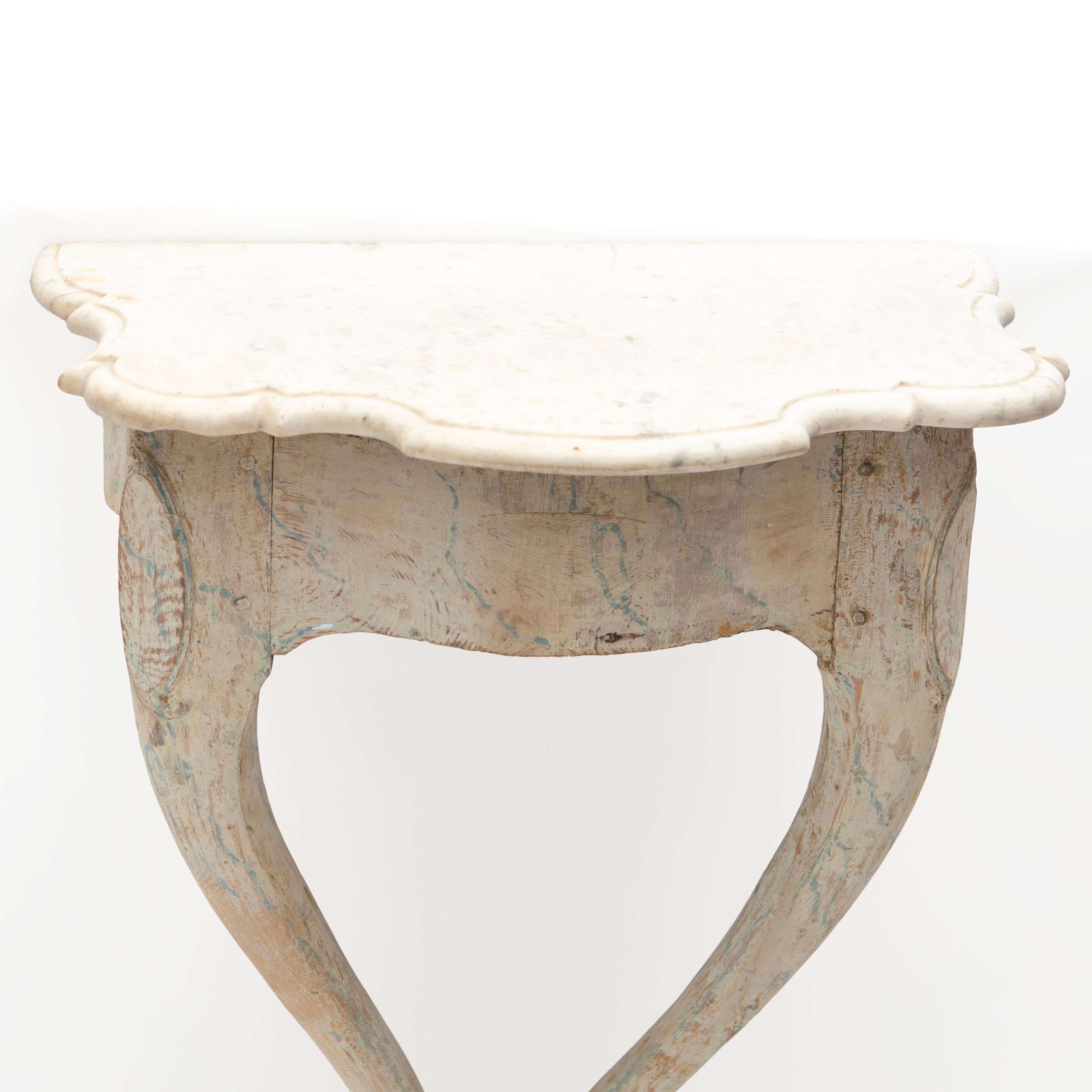 Hand-Painted 18th Century Danish Rococo Console with Original Italian Marble Top For Sale