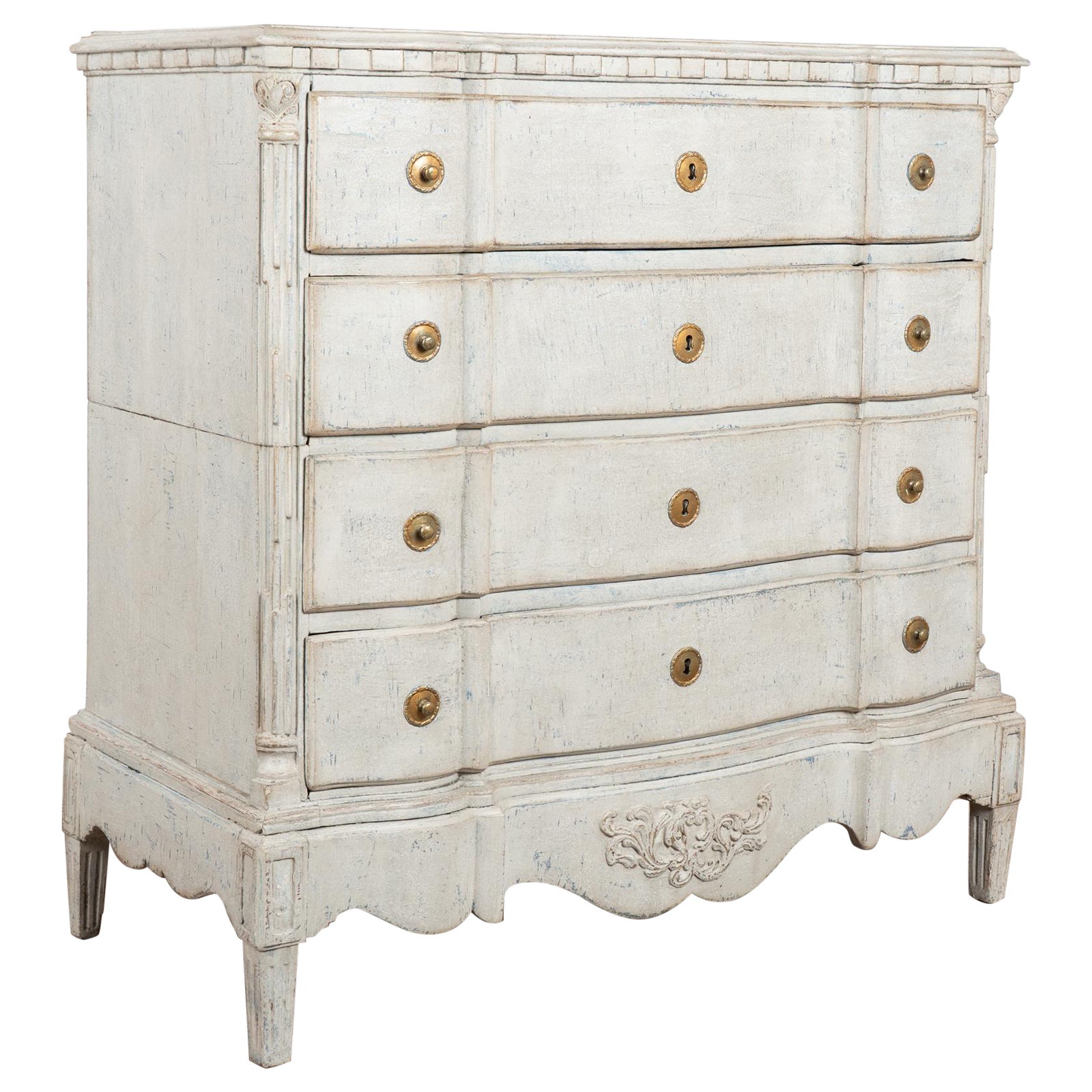 18th Century Danish Rococo Large White Chest of Four Drawers For Sale