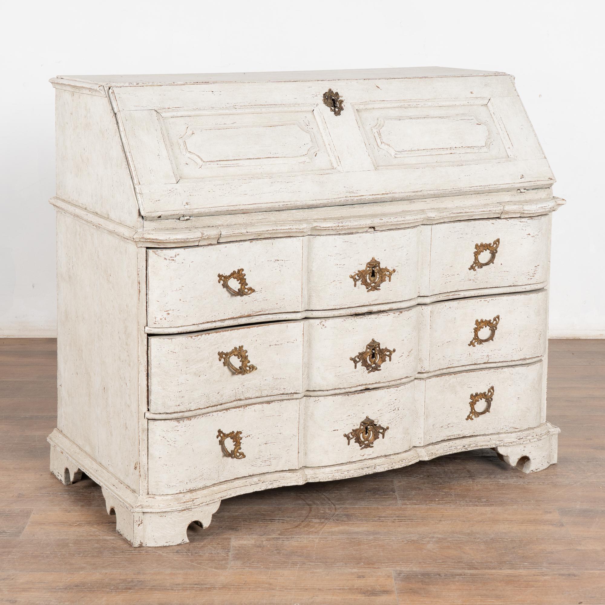 Brass 18th Century Danish White Painted Oak Secretary Bureau
