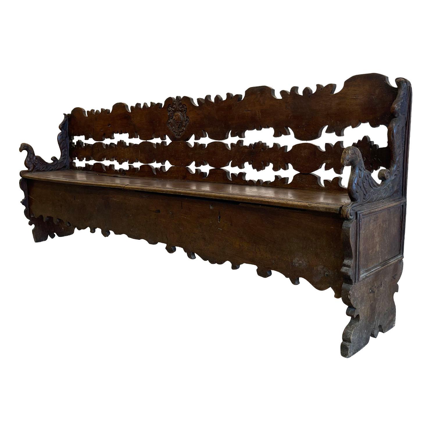 Hand-Carved 18th Century Dark-Brown Italian Cassapanca, Antique Walnut Storage Bench